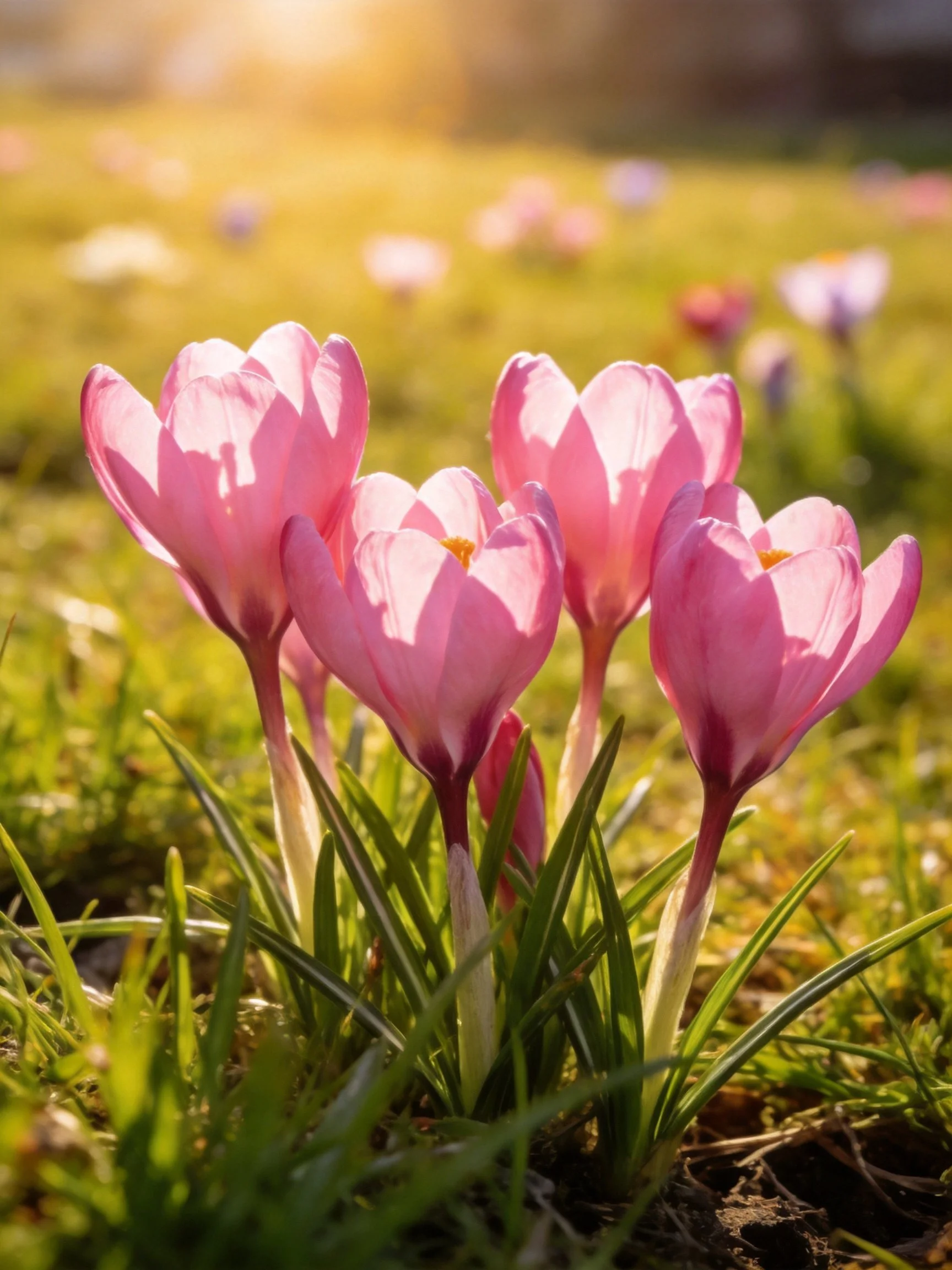Pink crocus flowers cluster in sunlit grass, surrounded by greenery