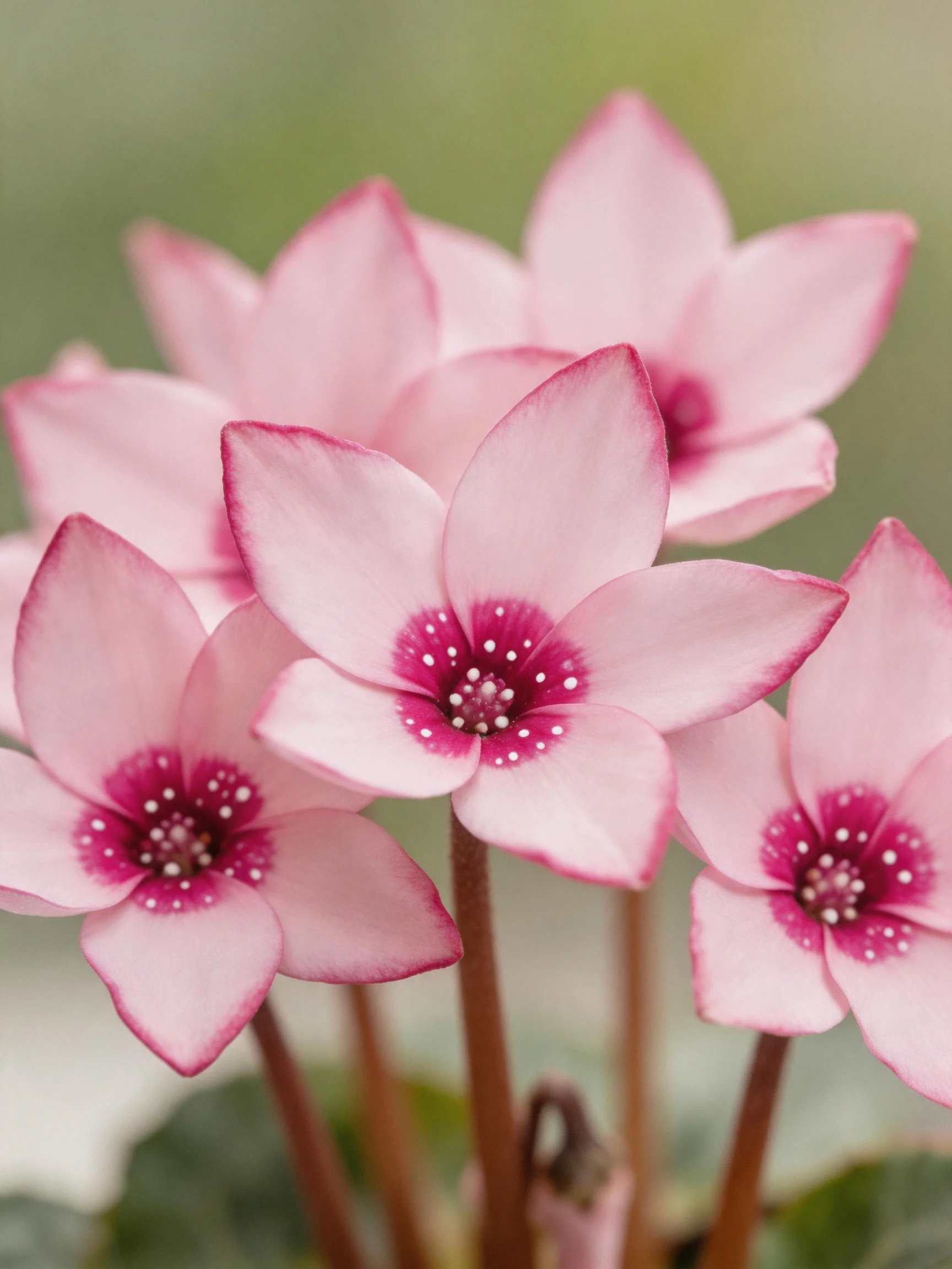 Pink cyclamen blooms with magenta centers and white stamens