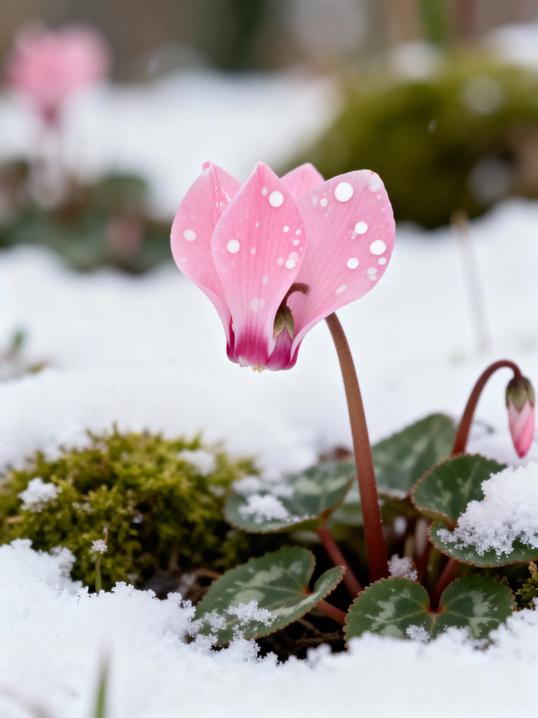 Pink cyclamen flowers with white spots bloom through snow