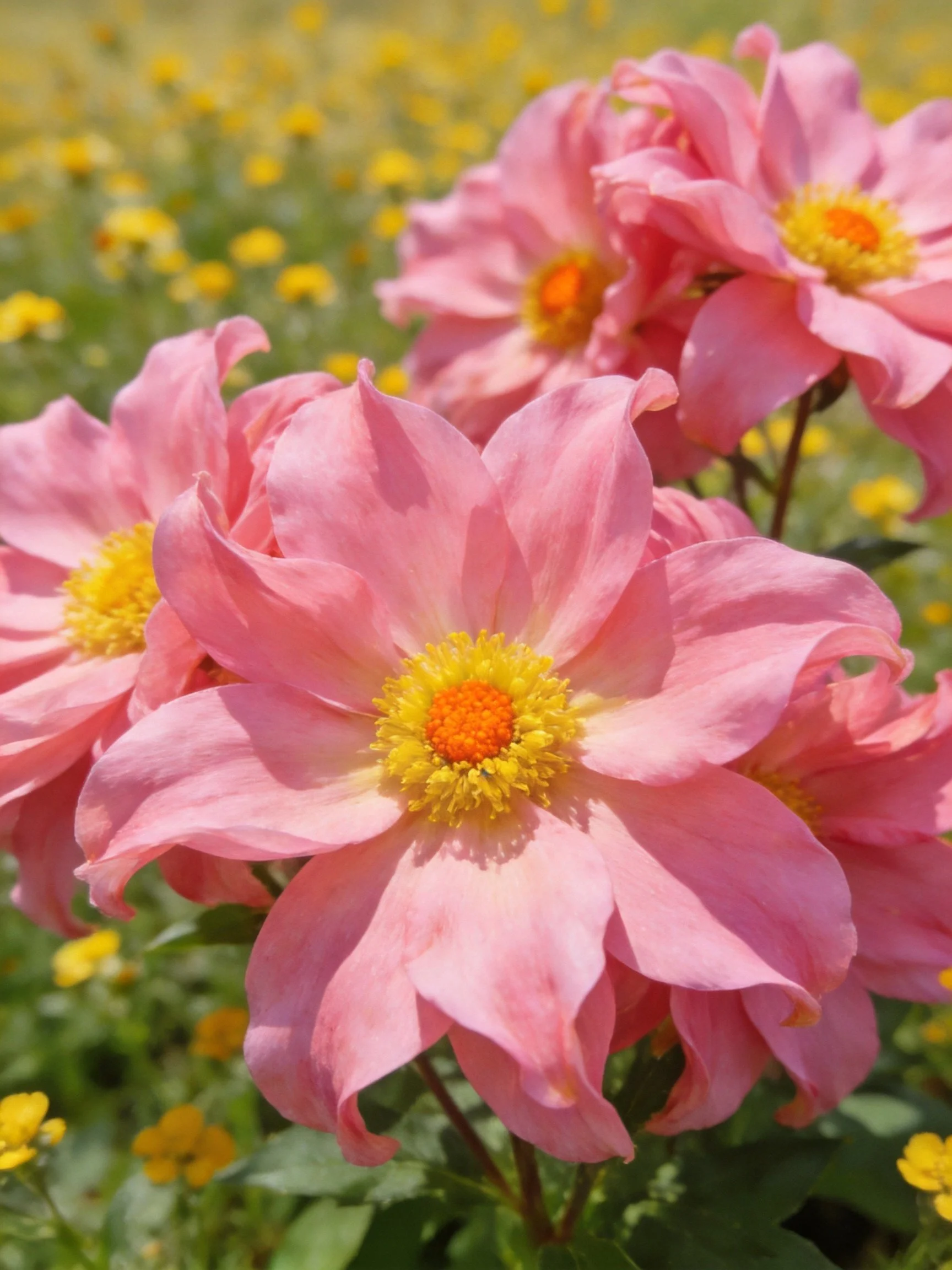 Pink dahlia blooms with yellow-orange centers surrounded by smaller yellow flowers