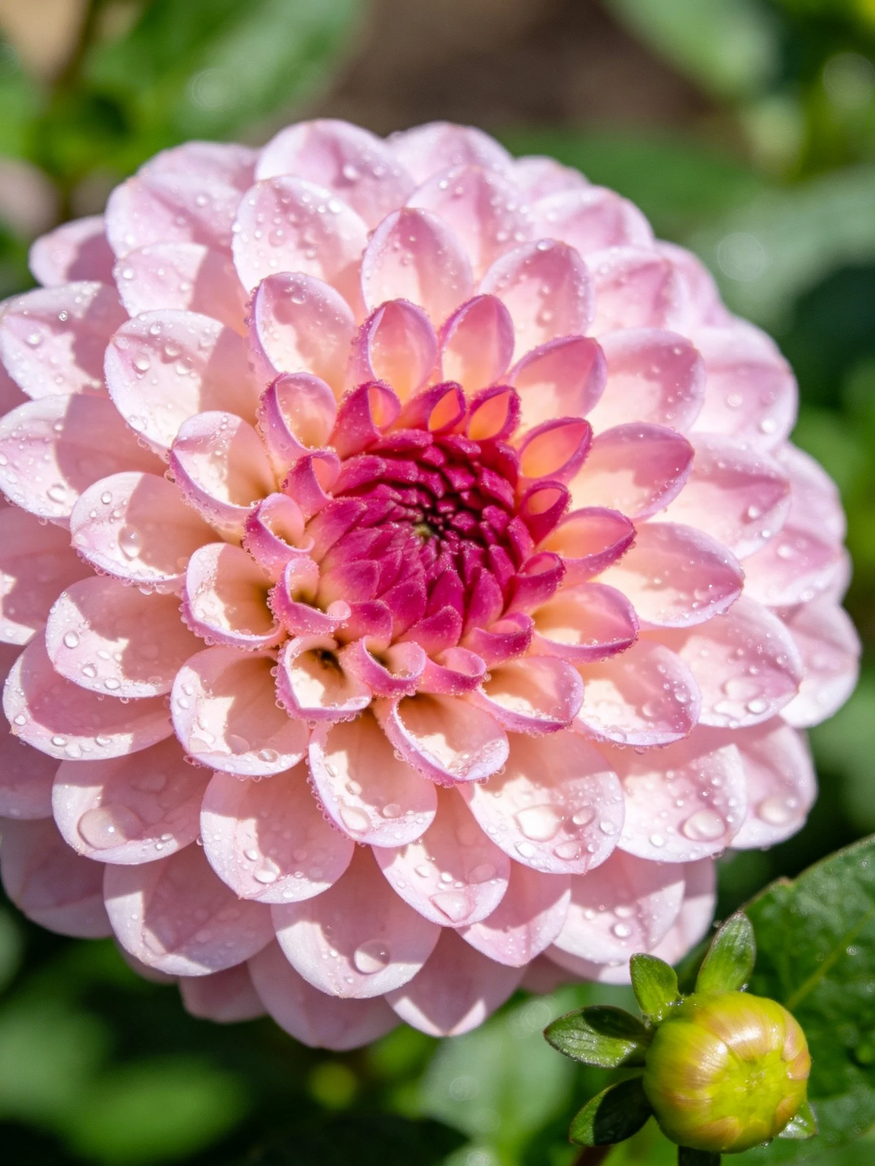 Pink dahlia flower with water droplets and green bud