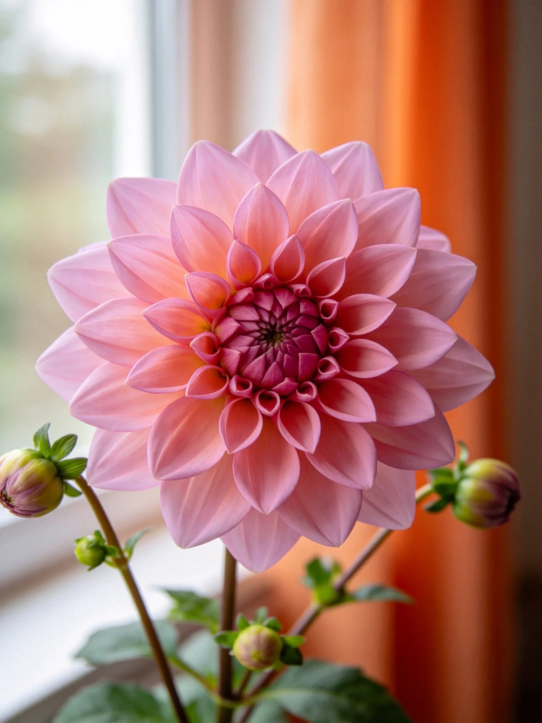 Pink dahlia in full bloom with unopened buds near orange curtain