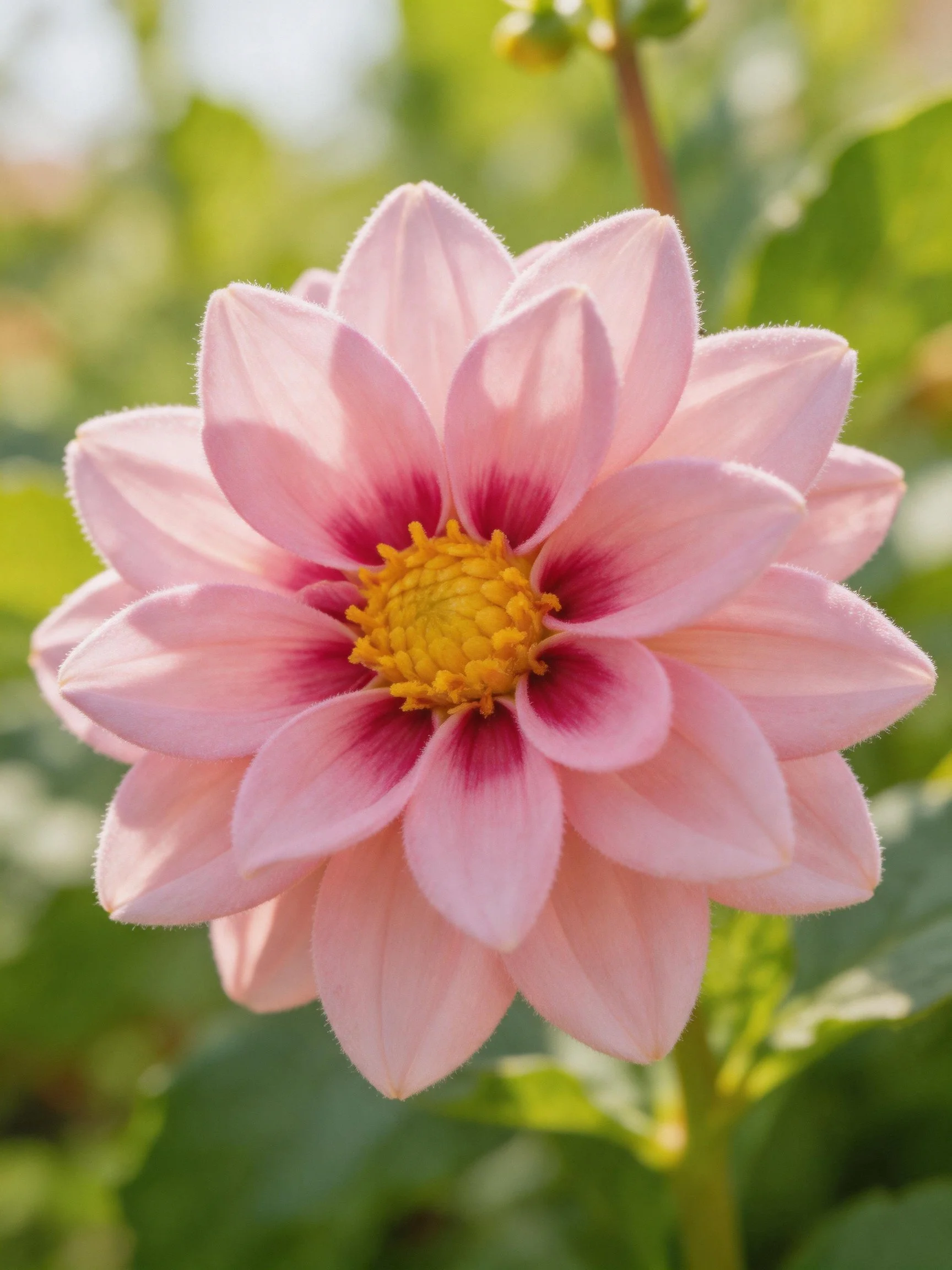 Pink dahlia with dark pink accents and golden center