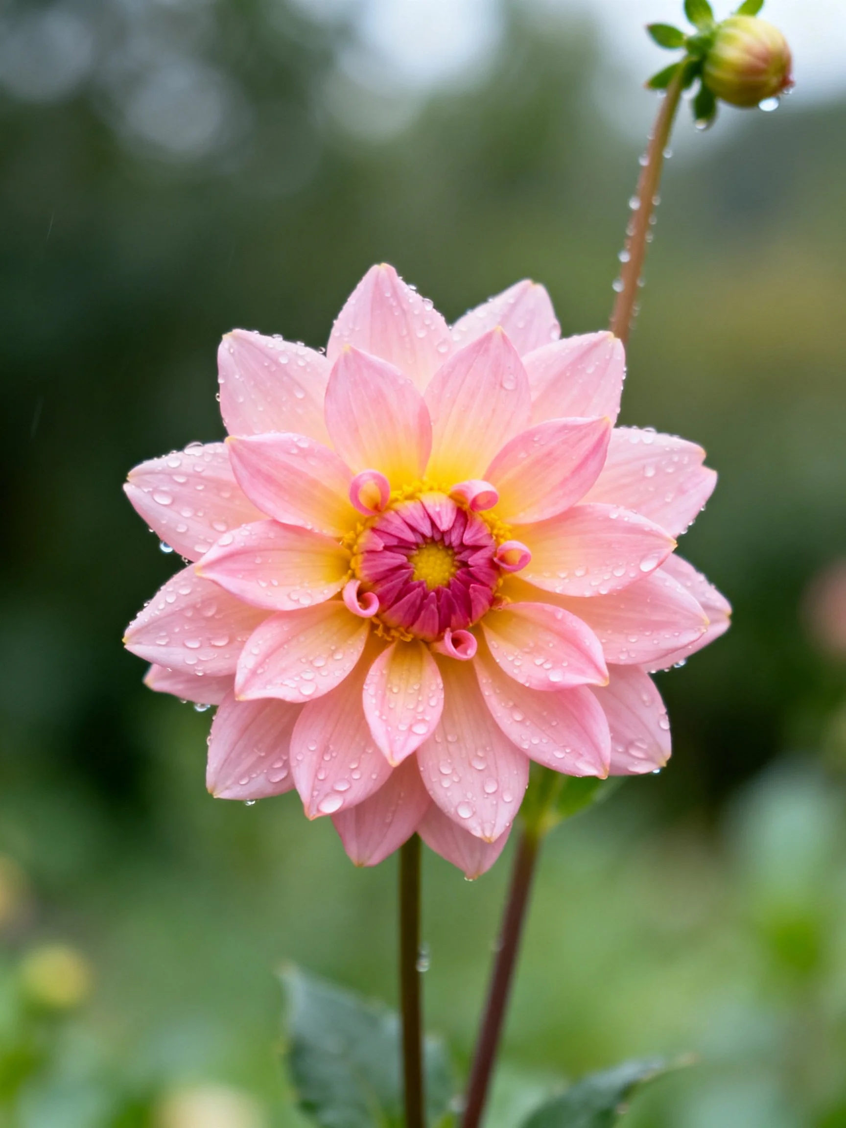 Pink dahlia with dew drops, layered petals, soft pastels