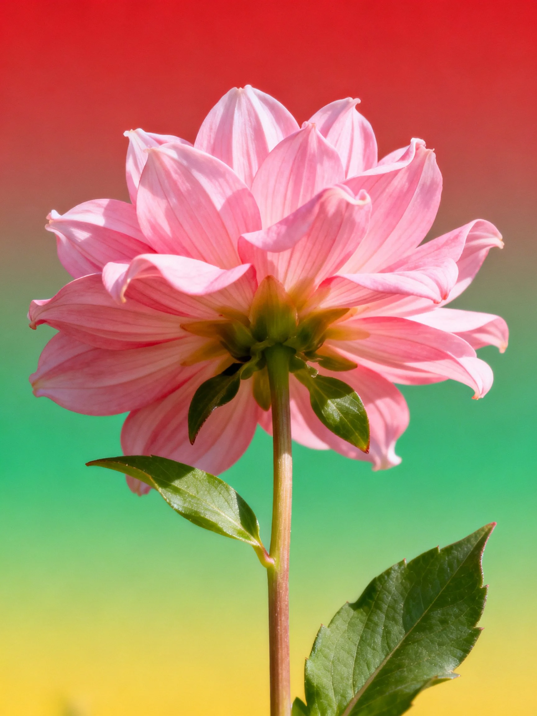 Pink dahlia with green leaves on a gradient-colored backdrop