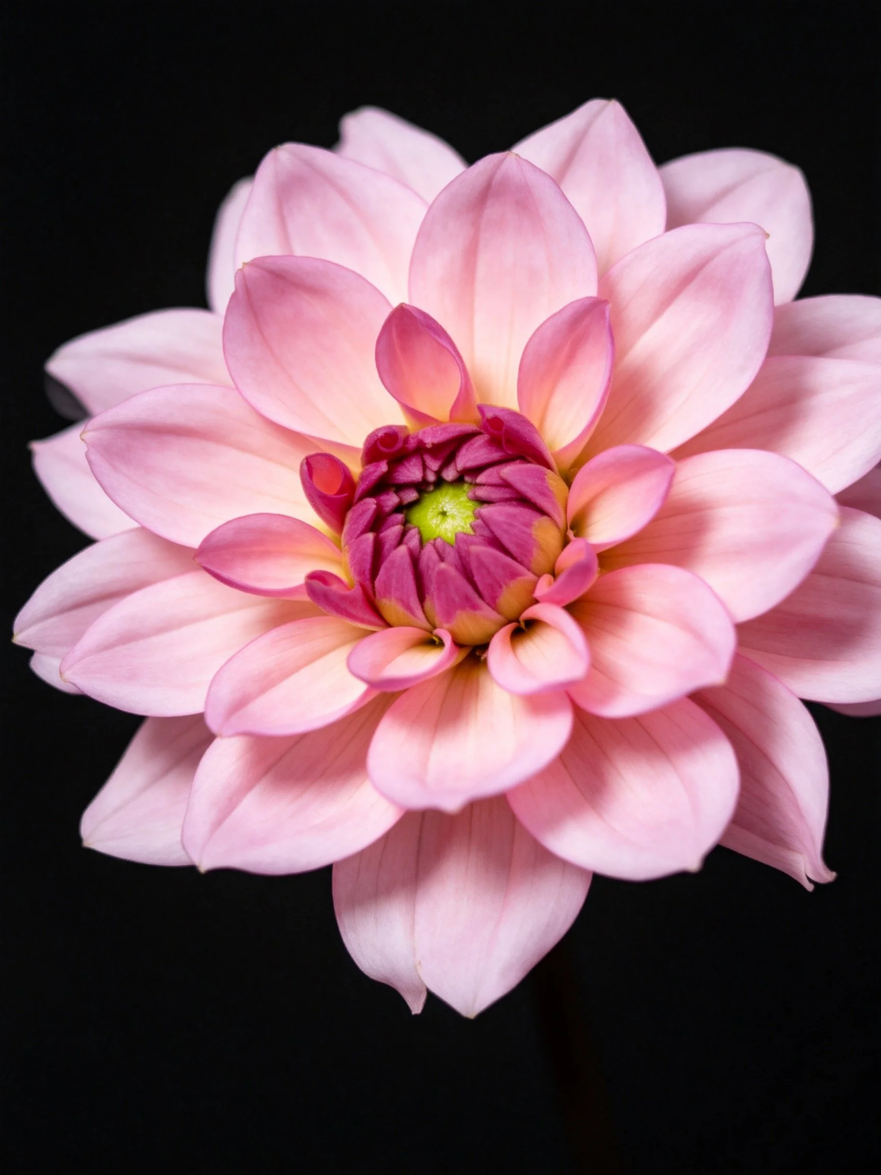 Pink dahlia with layered petals and colorful center on black background