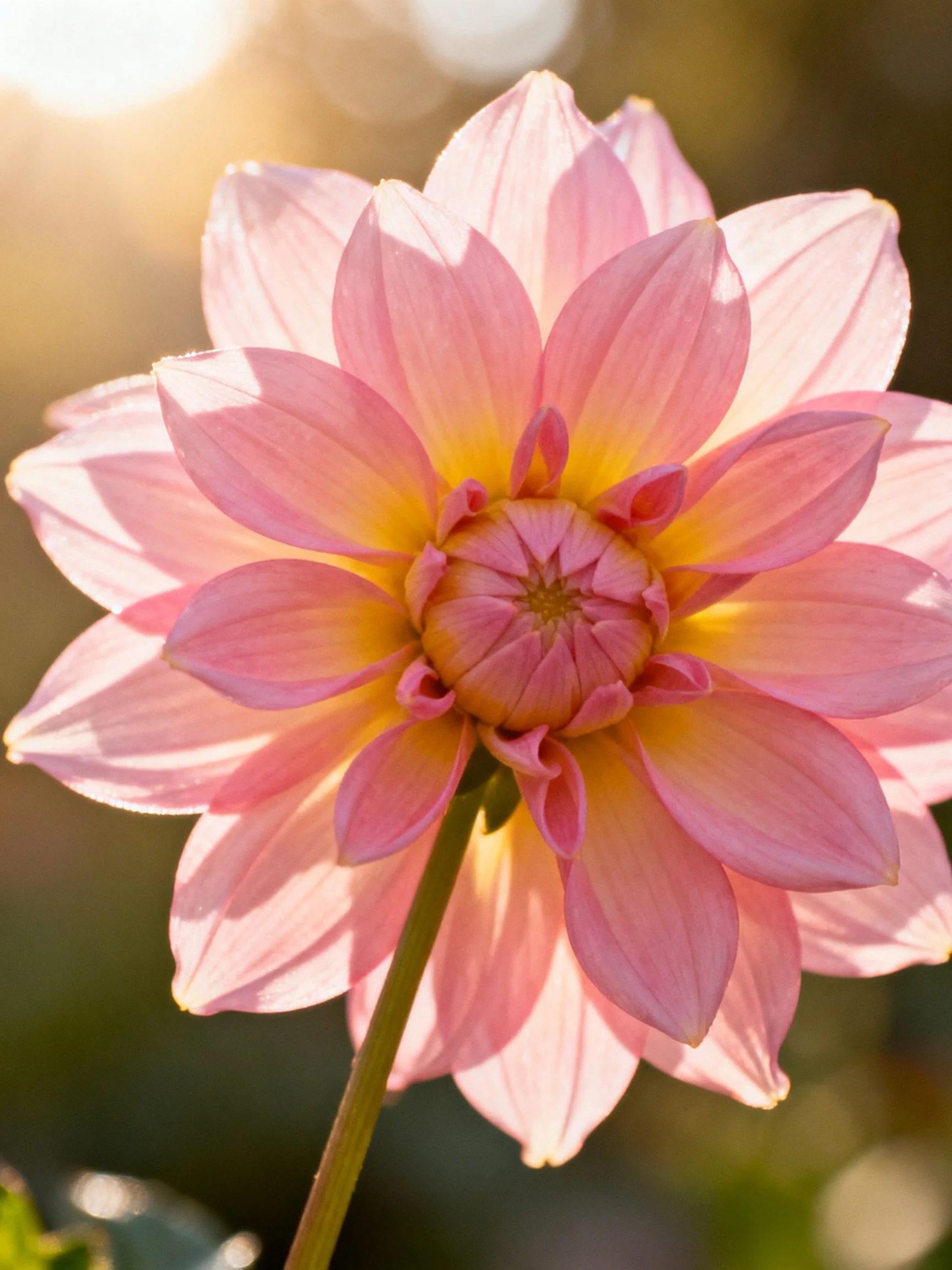 Pink dahlia with layered petals and yellow center, bathed in sunlight
