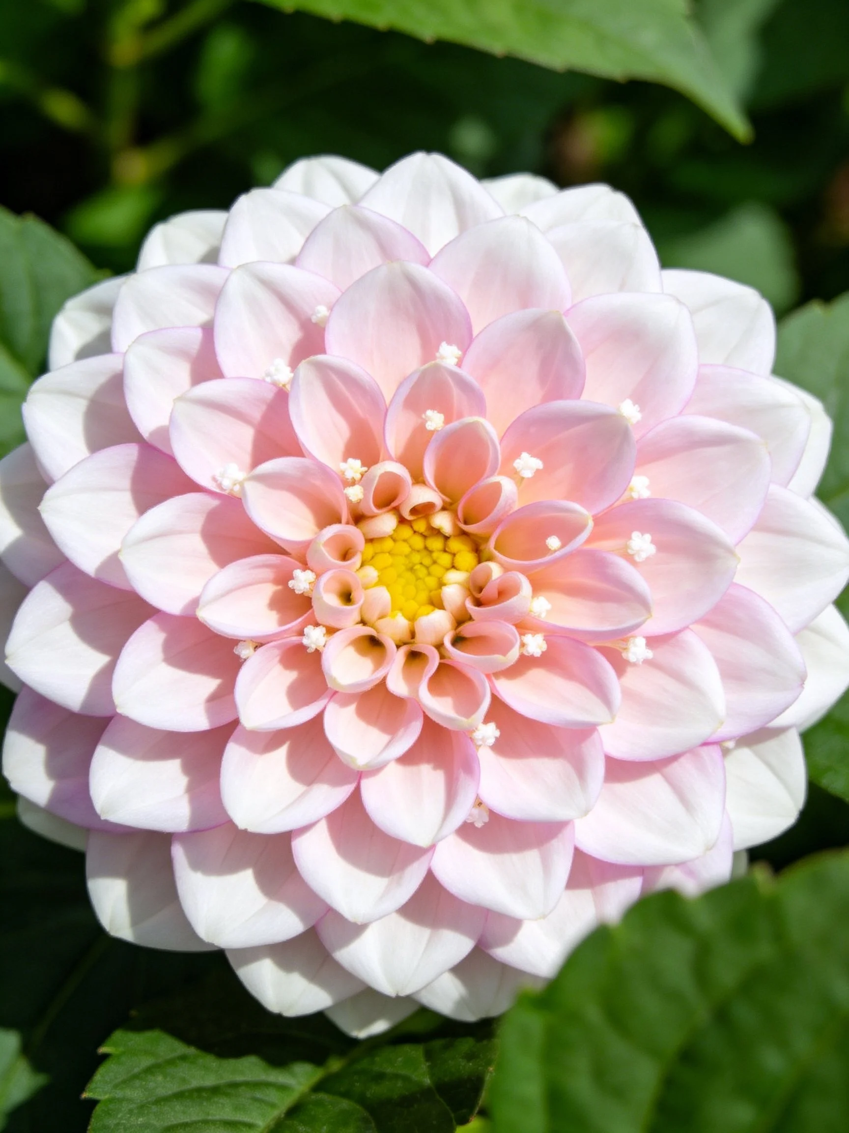 Pink dahlia with layered petals, yellow center, and green leaves.