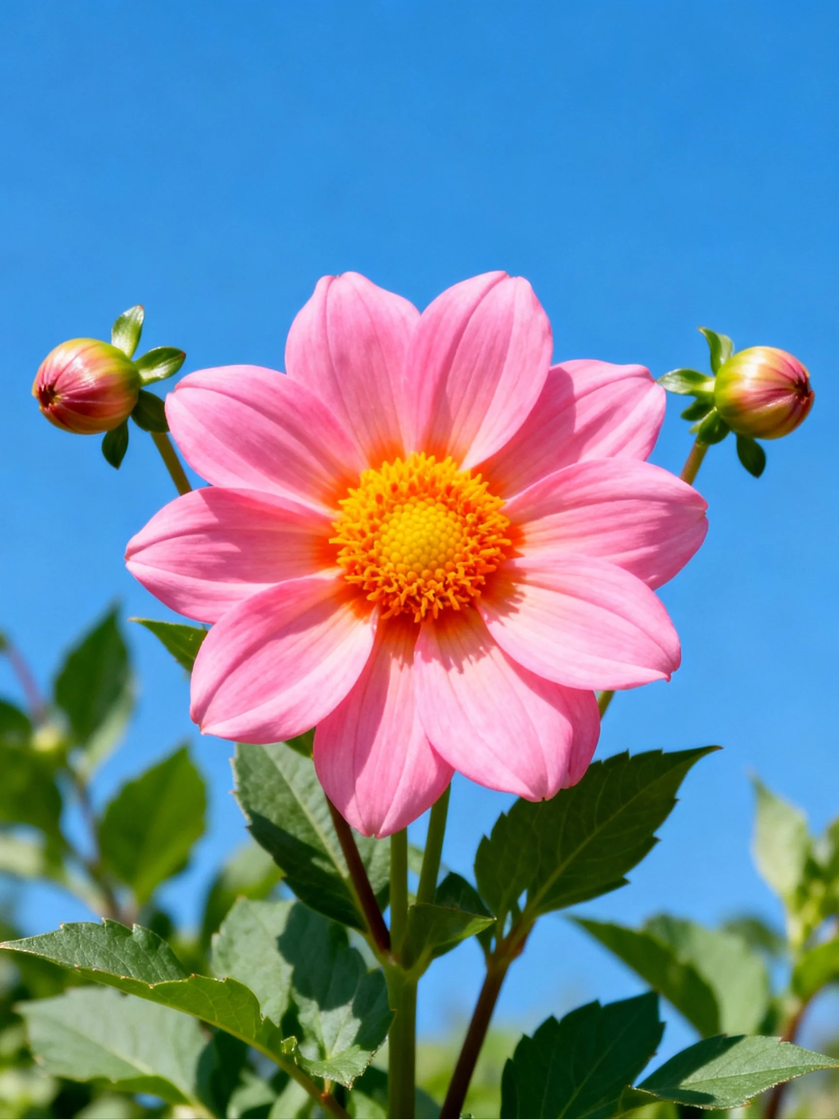 Pink dahlia with orange center, two buds, clear blue sky