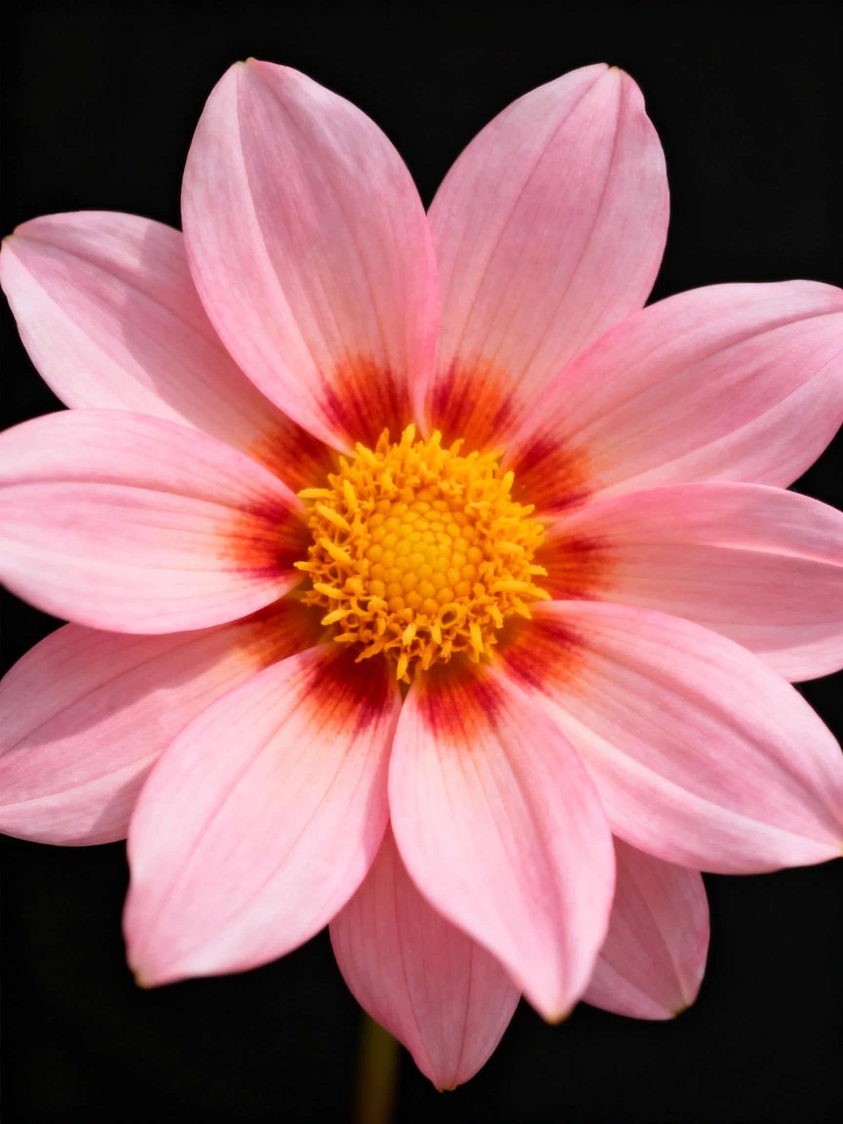 Pink dahlia with red and yellow central details