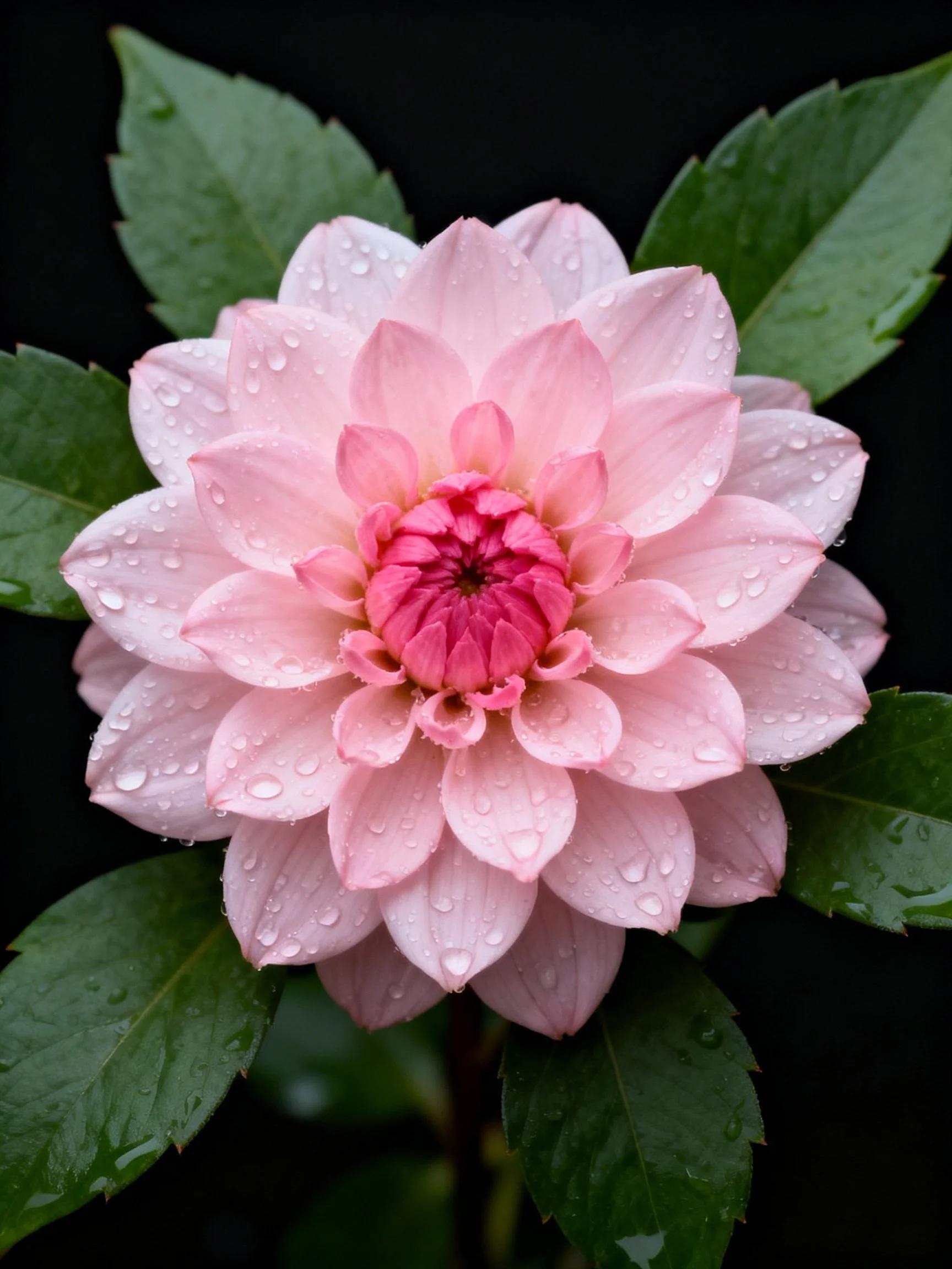 Pink dahlia with water droplets and green leaves