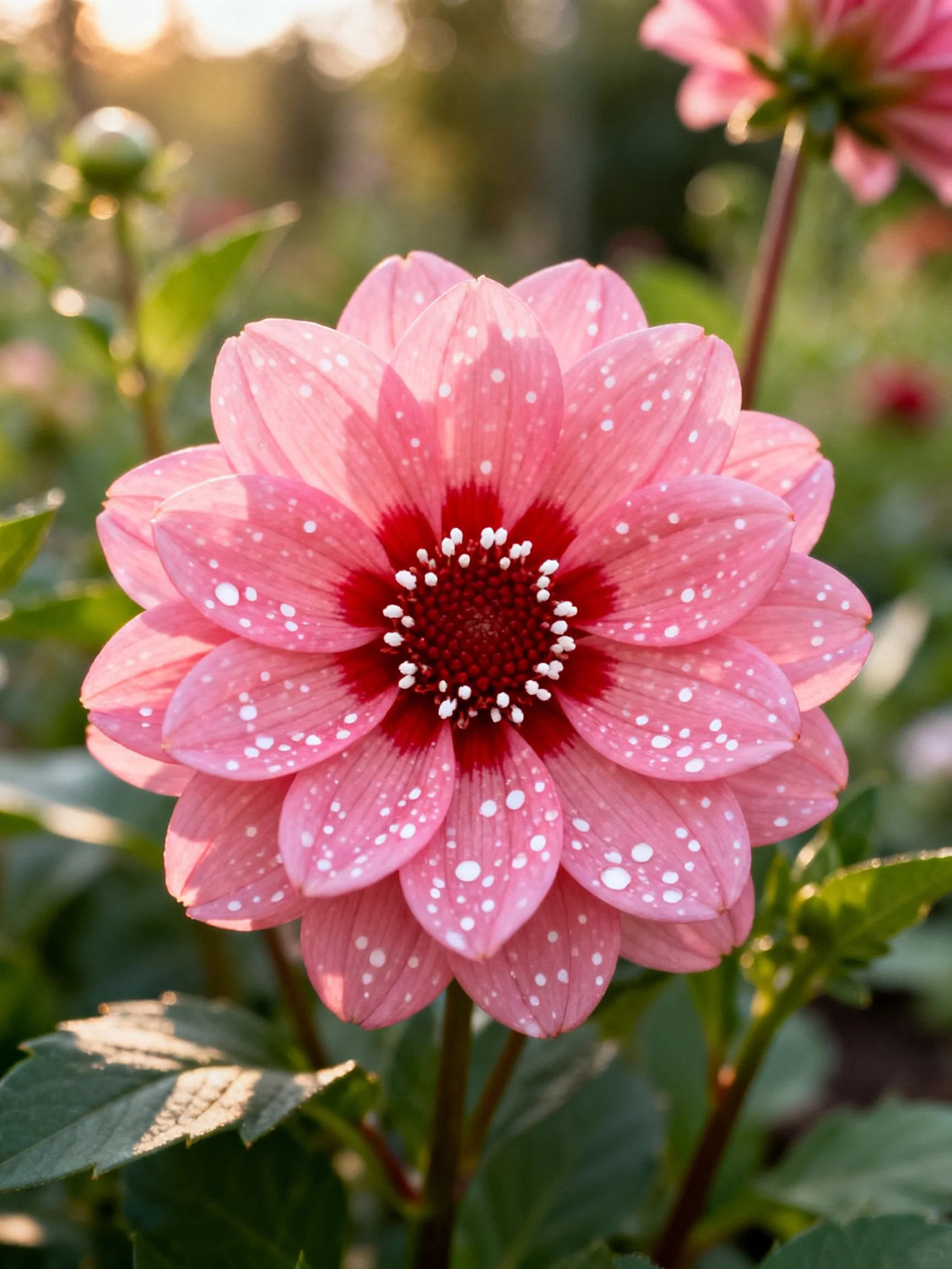 Pink dahlia with white spotted petals and dark red center