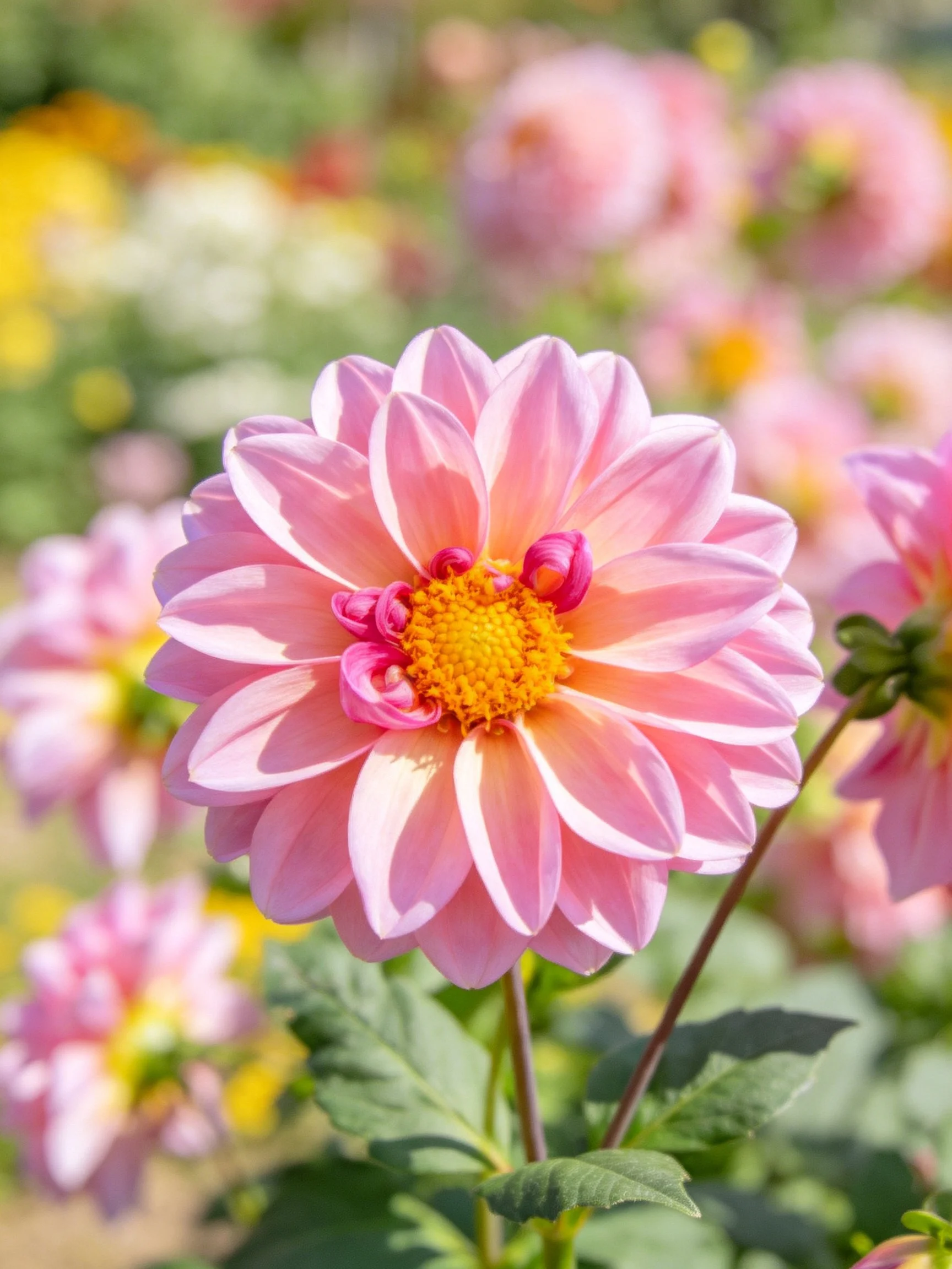 Pink dahlia with yellow center amid soft-focus floral garden