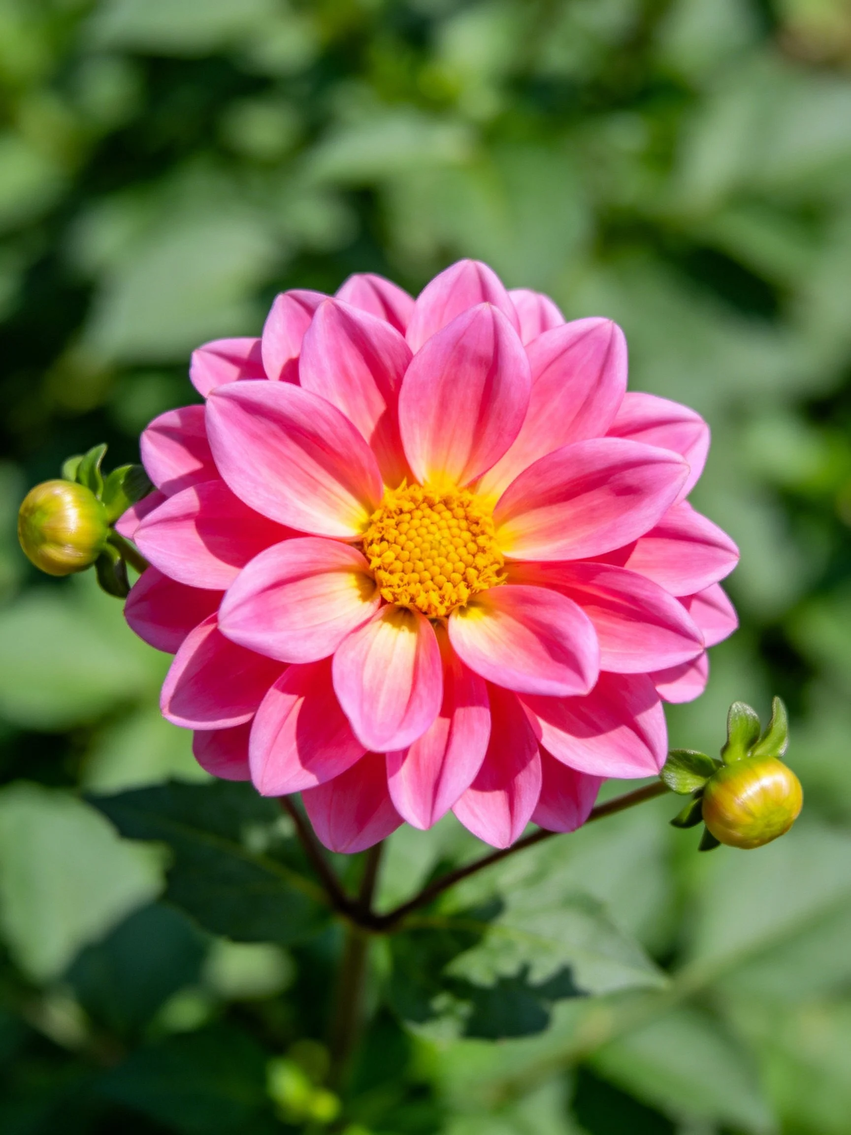 Pink dahlia with yellow center, two green buds, leafy backdrop.