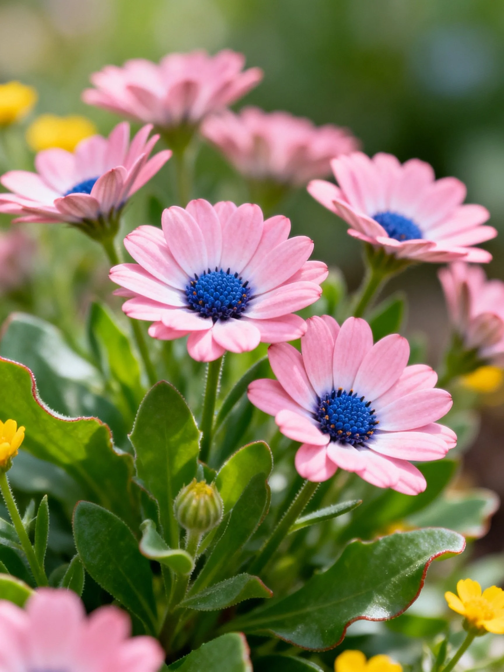 Pink daisies with blue centers amid green foliage and small yellow flowers