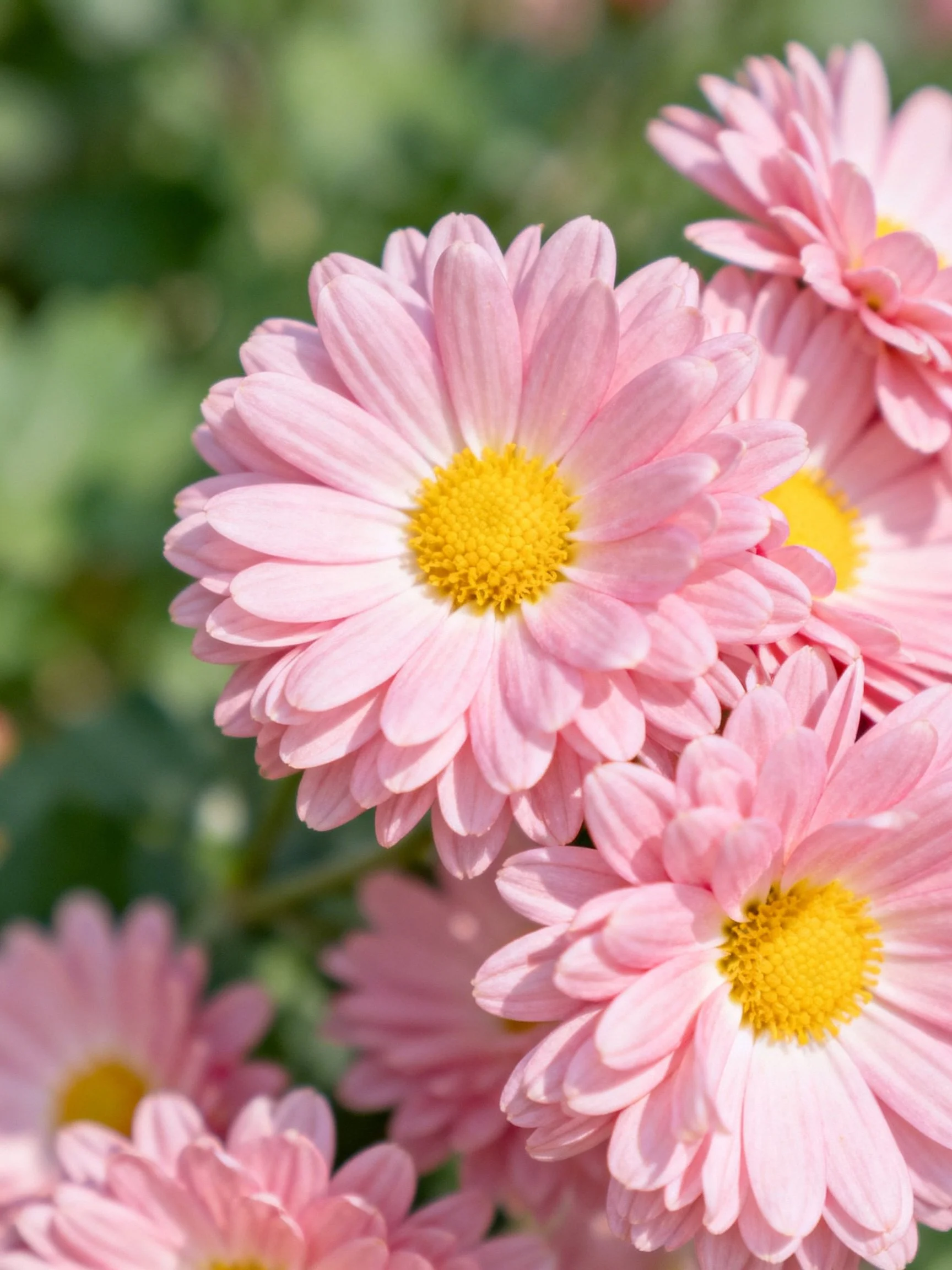 Pink daisies with bright yellow centers clustered among green foliage