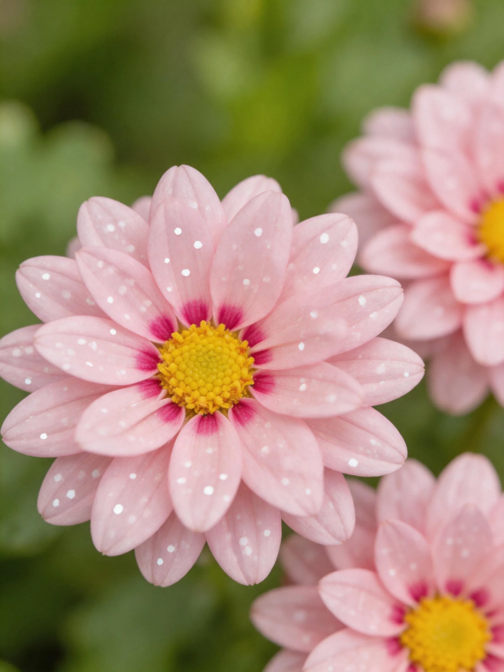 Pink daisies with yellow centers and white petal spots