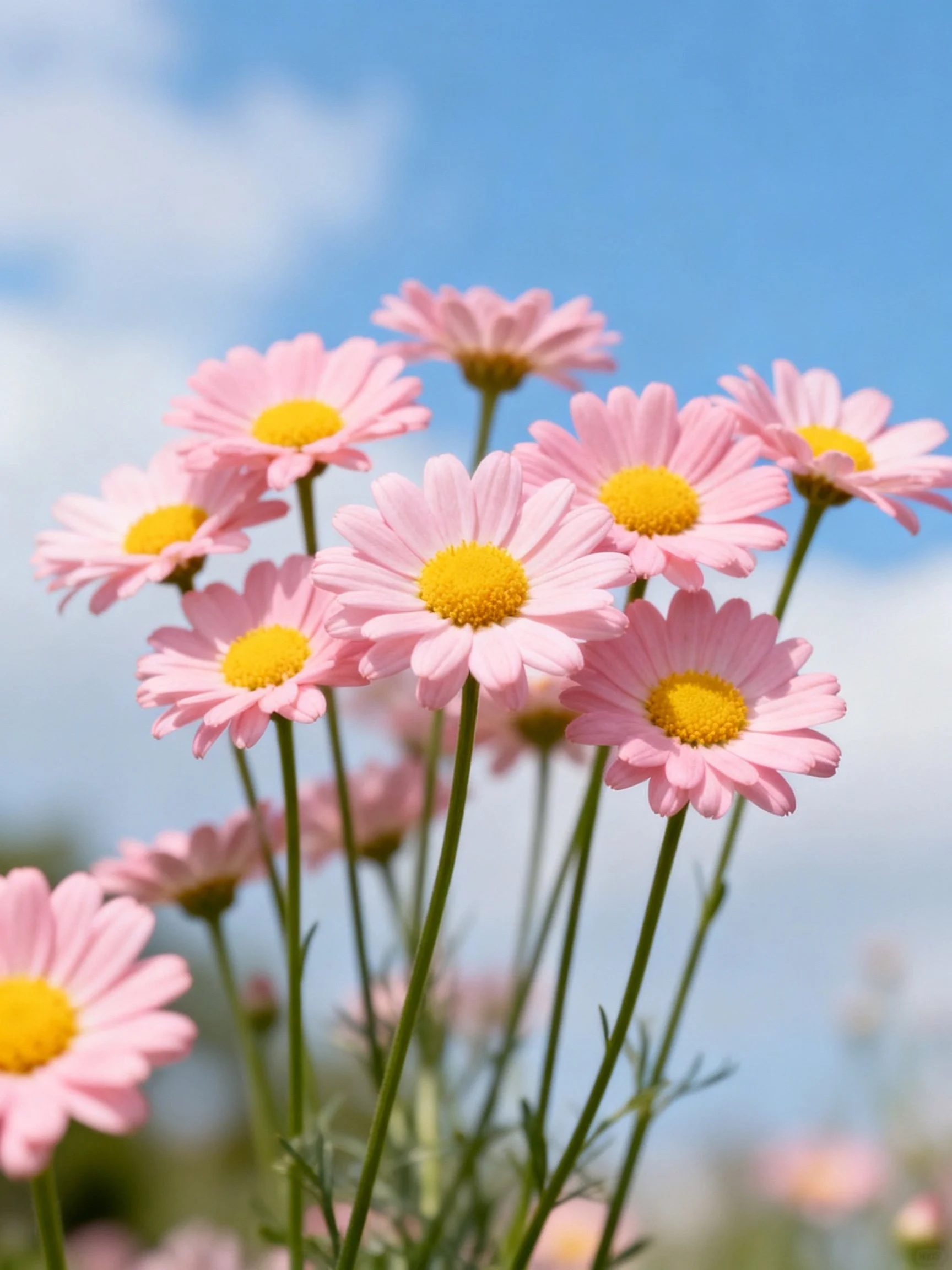 Pink daisies with yellow centers bloom under a clear blue sky