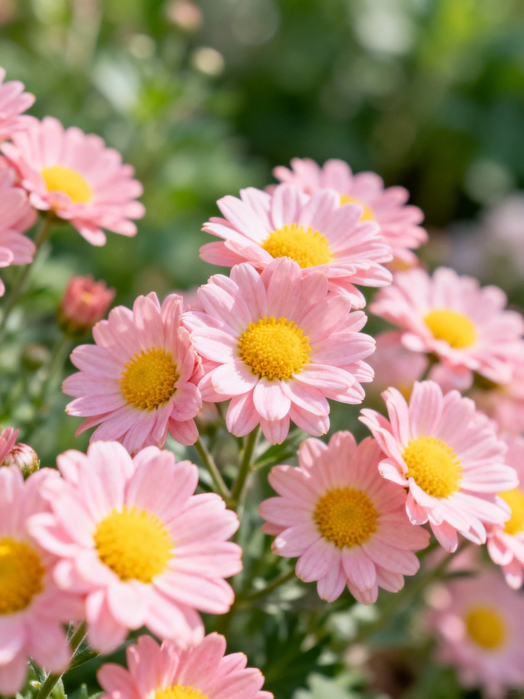 Pink daisies with yellow centers in a lush garden