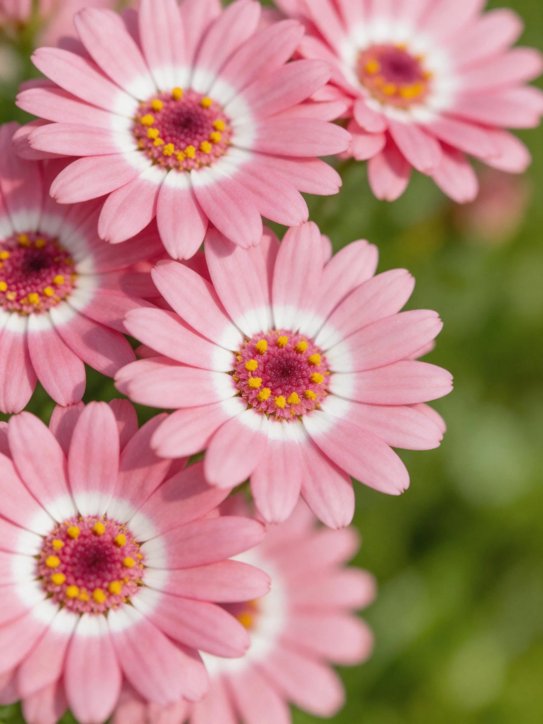 Pink daisy flowers with white and yellow center details clustered outdoors