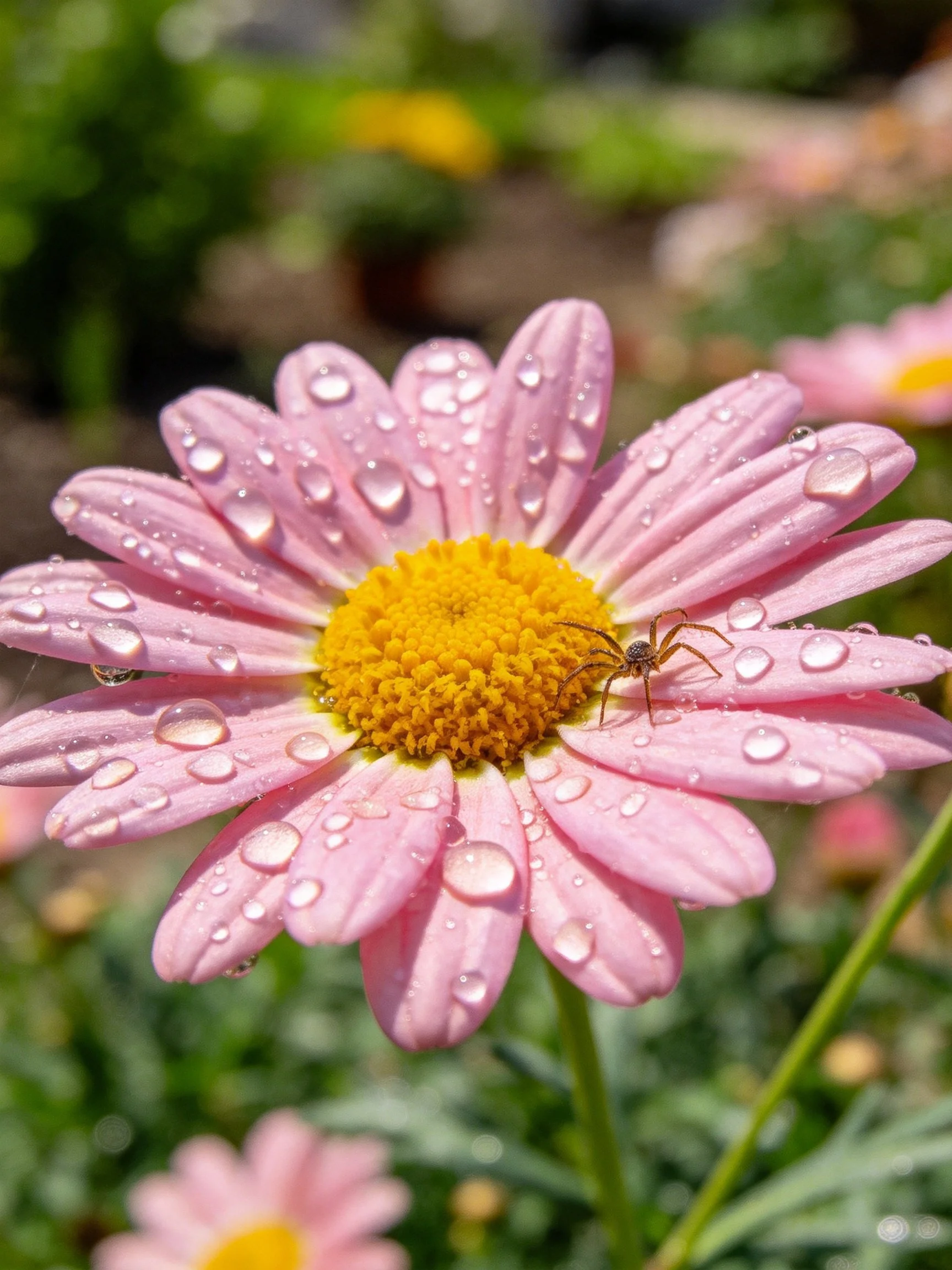 Pink daisy with water droplets and a spider