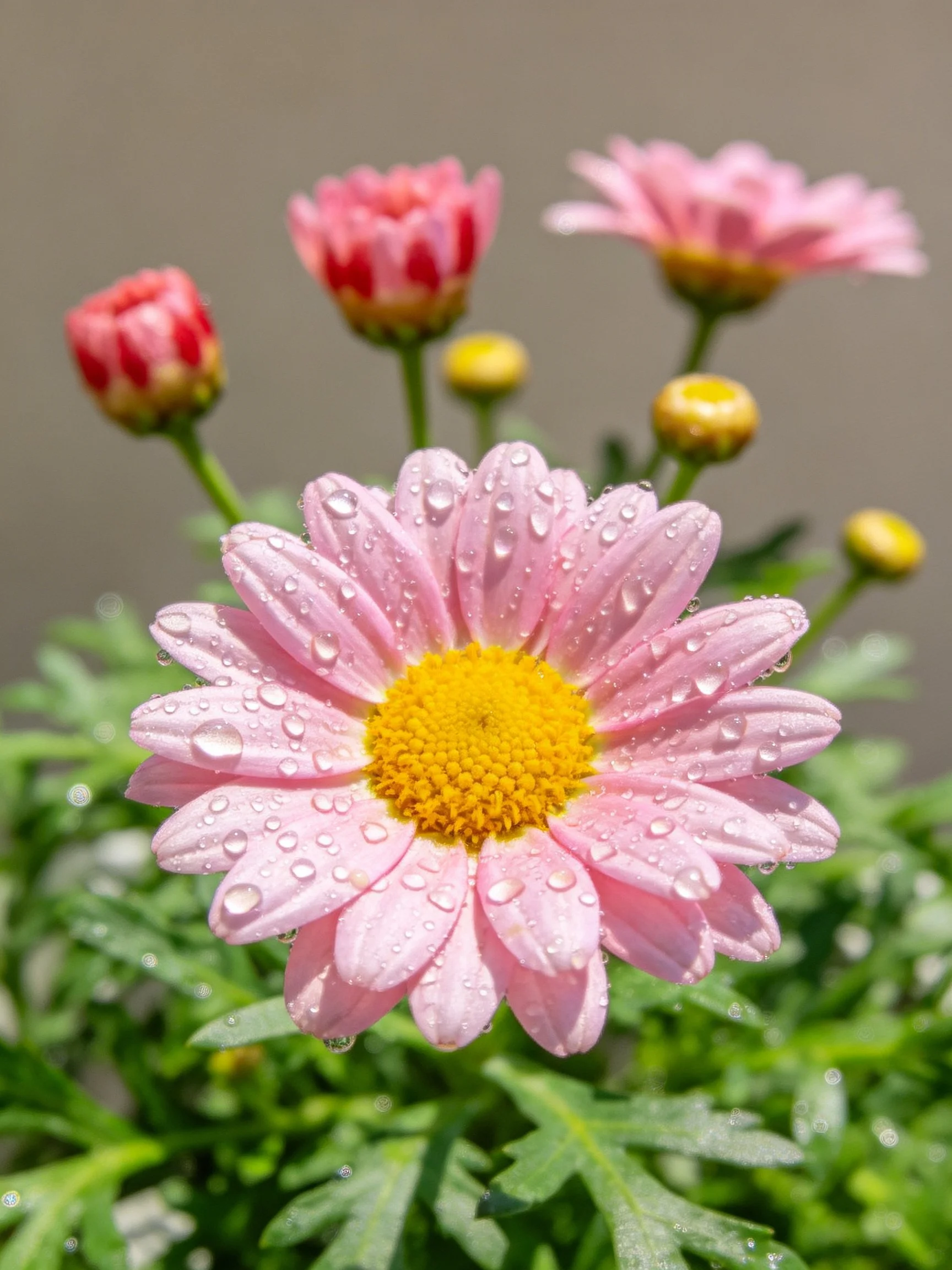 Pink daisy with water droplets, pink and yellow buds nearby