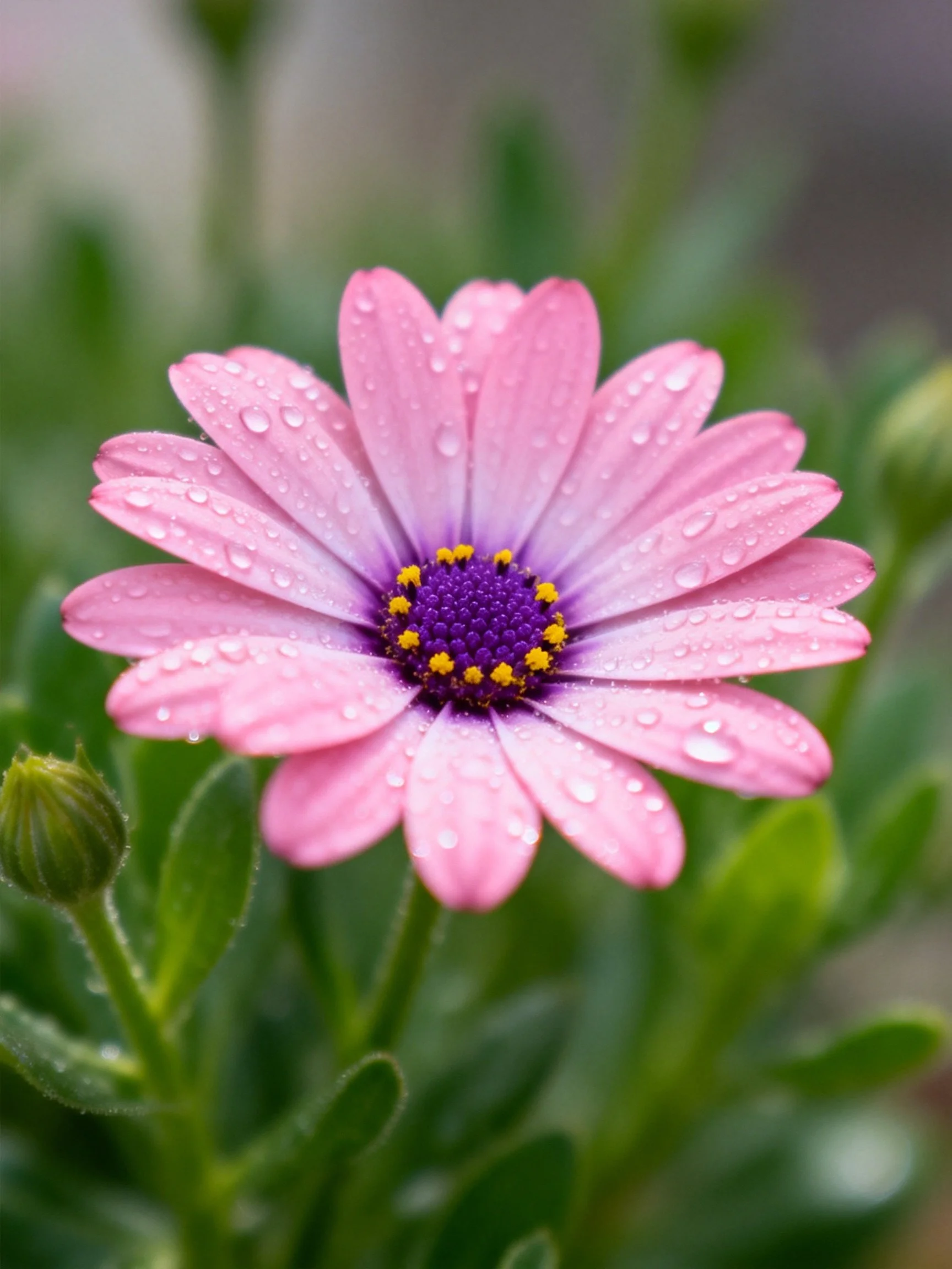 Pink daisy with water droplets, purple center, green foliage