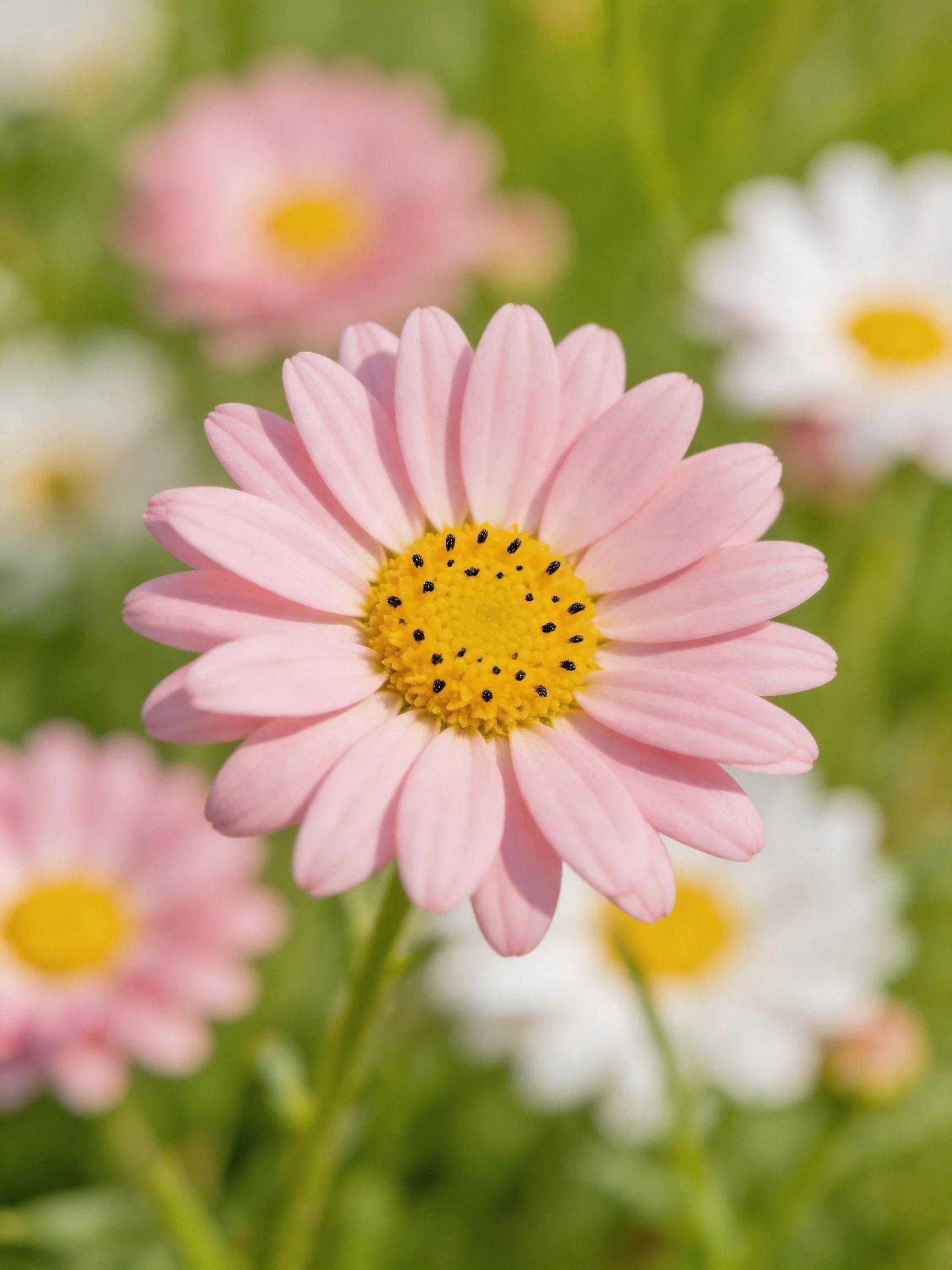 Pink daisy with yellow center among white and pink blooms in greenery
