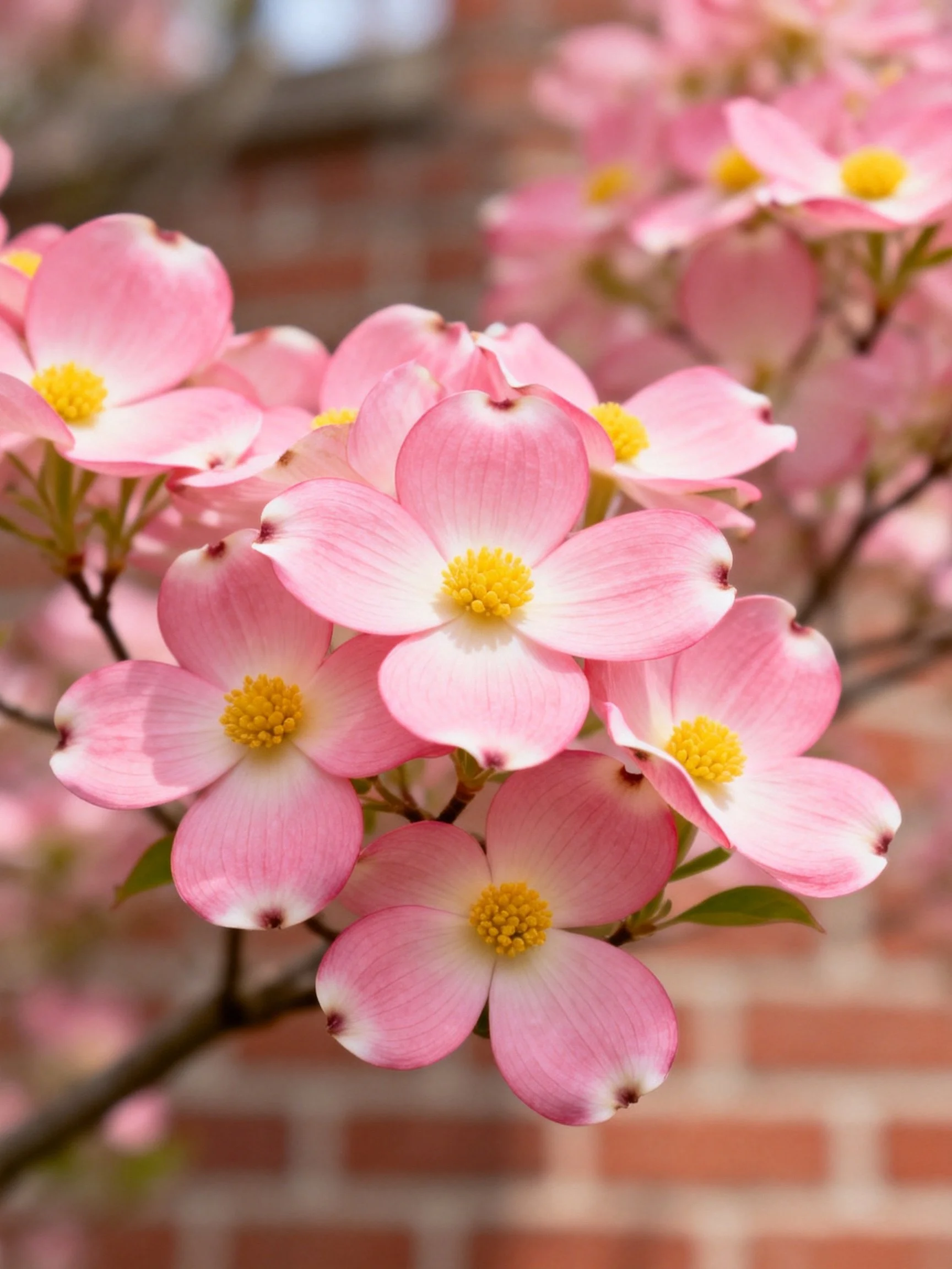 Pink dogwood blossoms clustered with yellow centers near brick wall