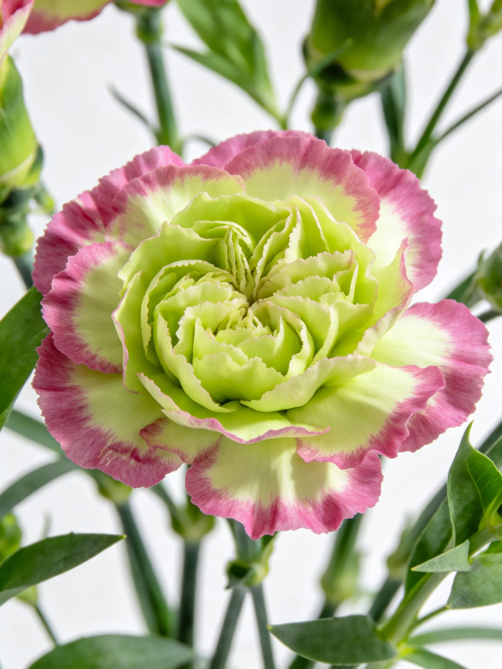 Pink-edged green carnation flower with buds