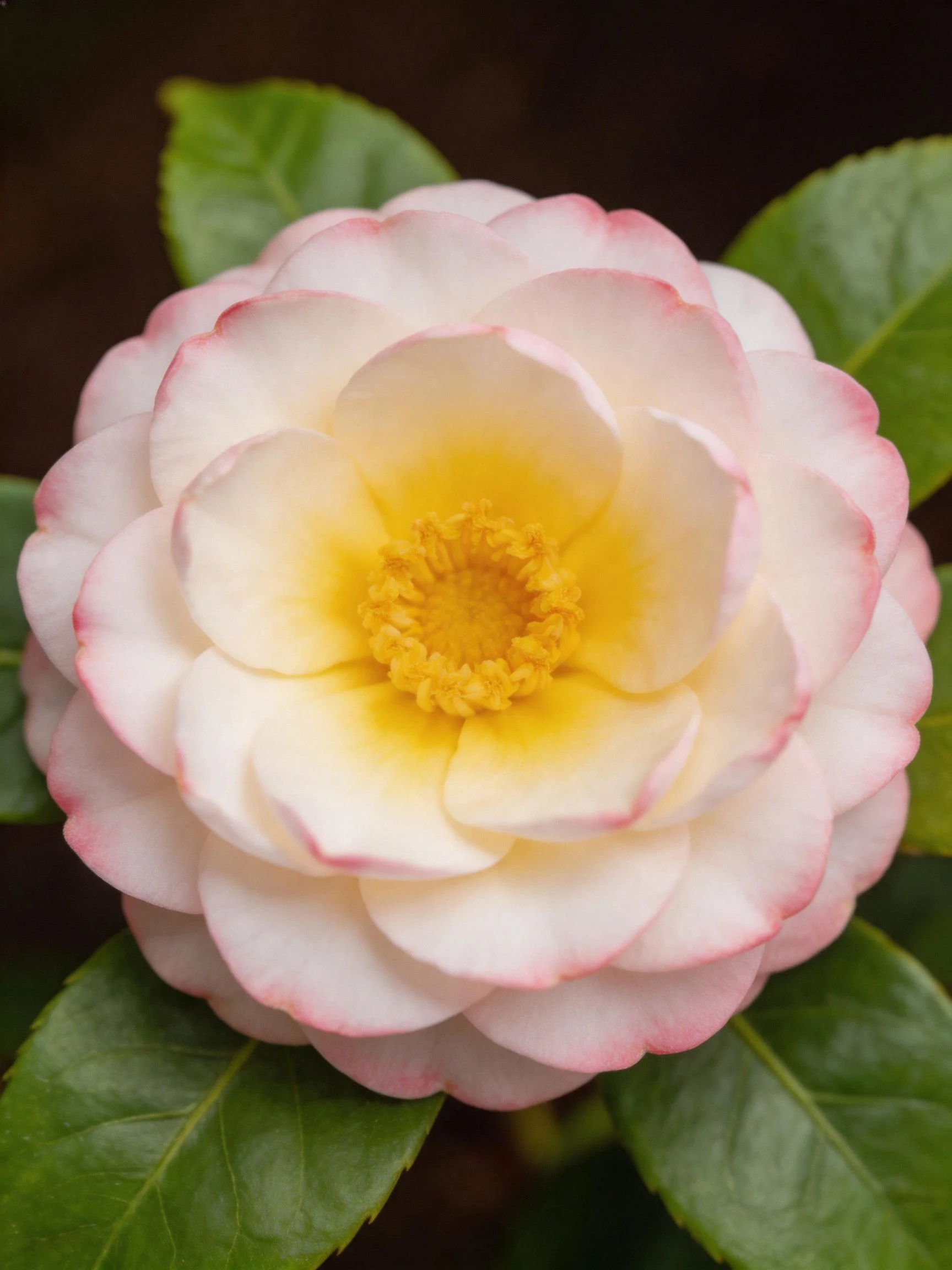 Pink-edged white camellia with golden center