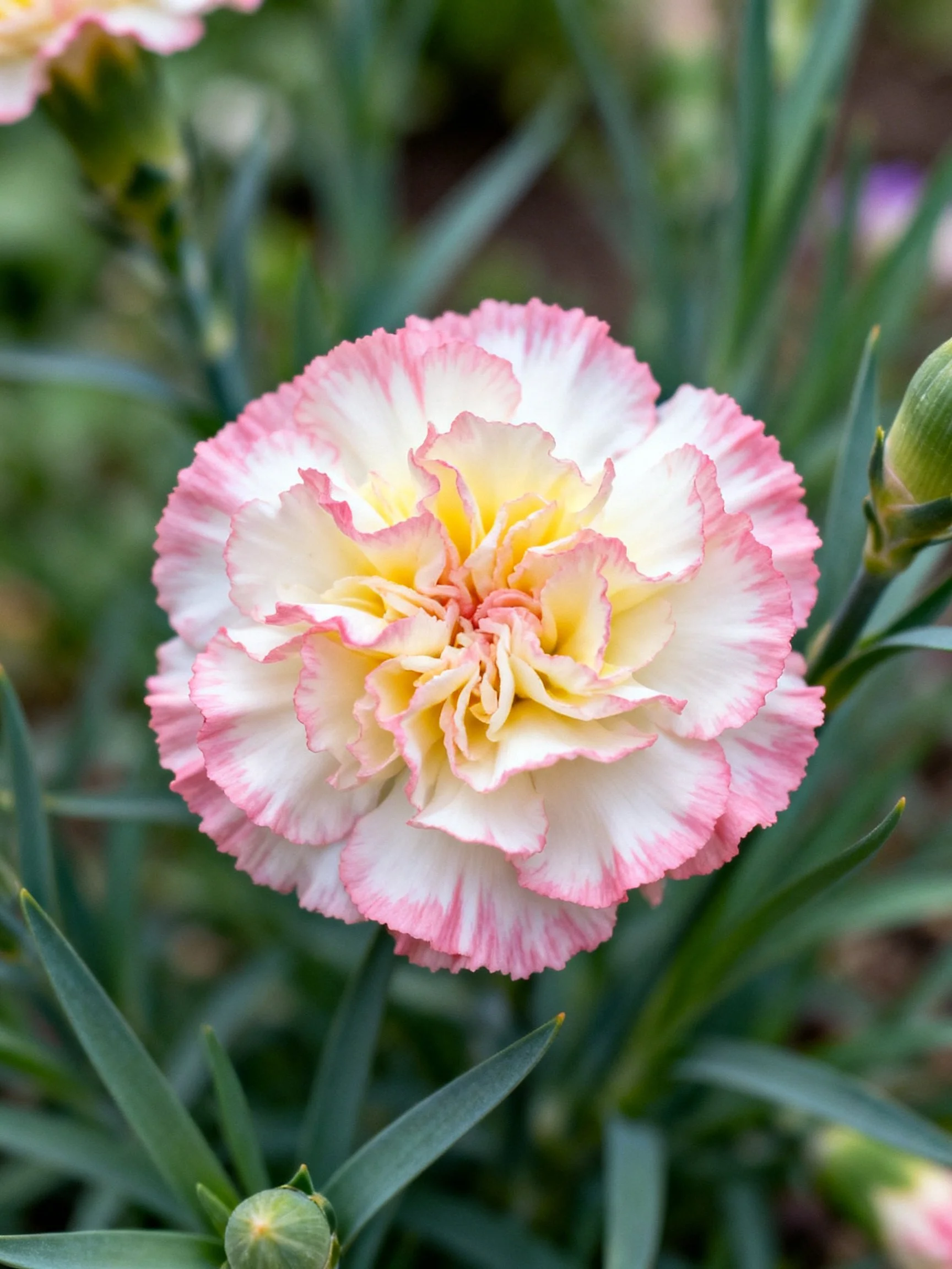 Pink-edged white carnation with yellow center amid green foliage