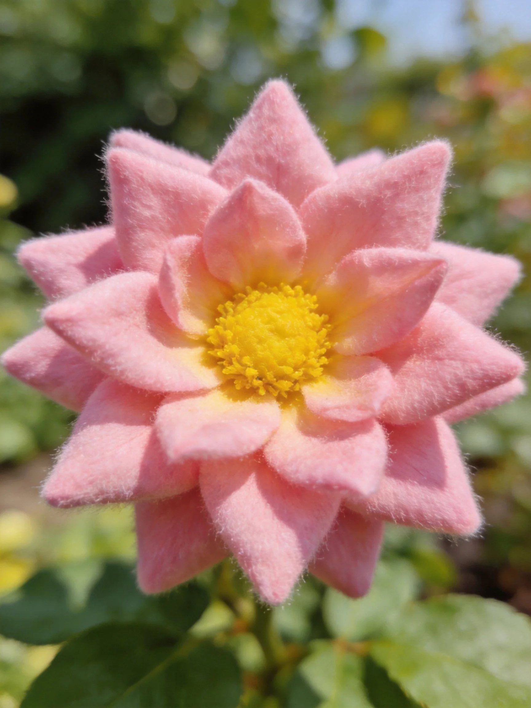 Pink felt flower with layered petals and yellow center