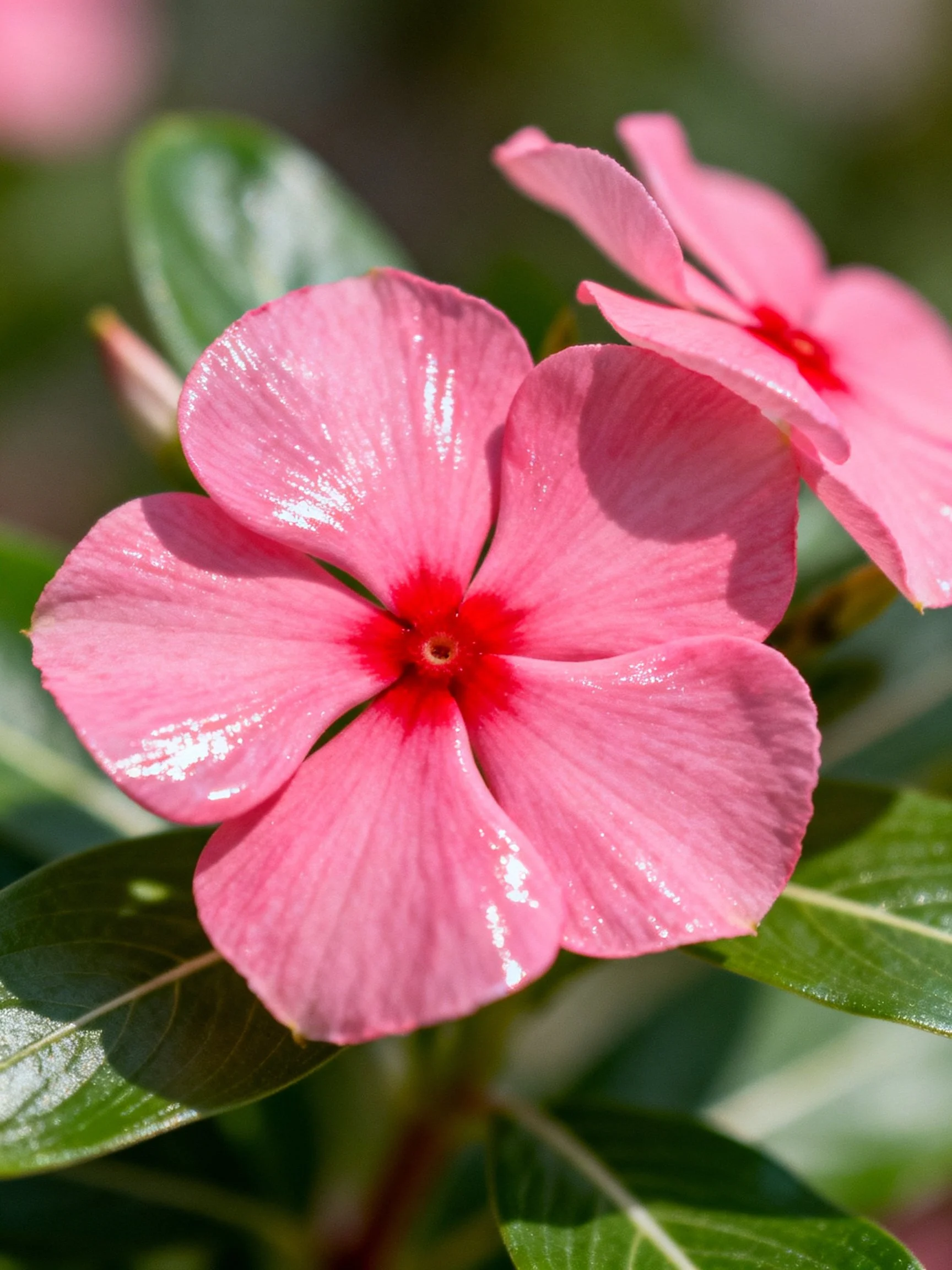 Pink five-petaled flowers with red centers and glossy petals