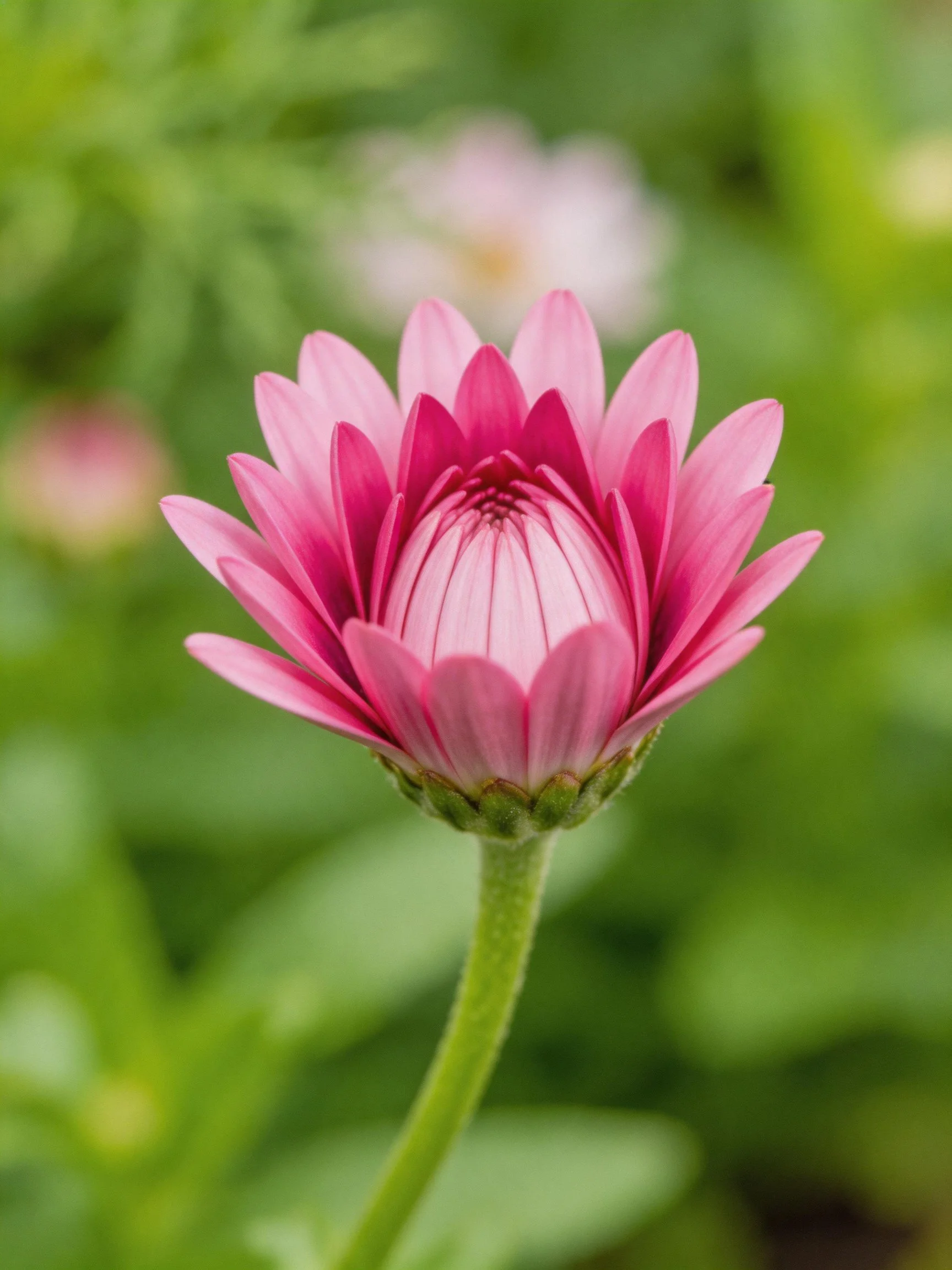 Pink flower bud with layered petals and green stem