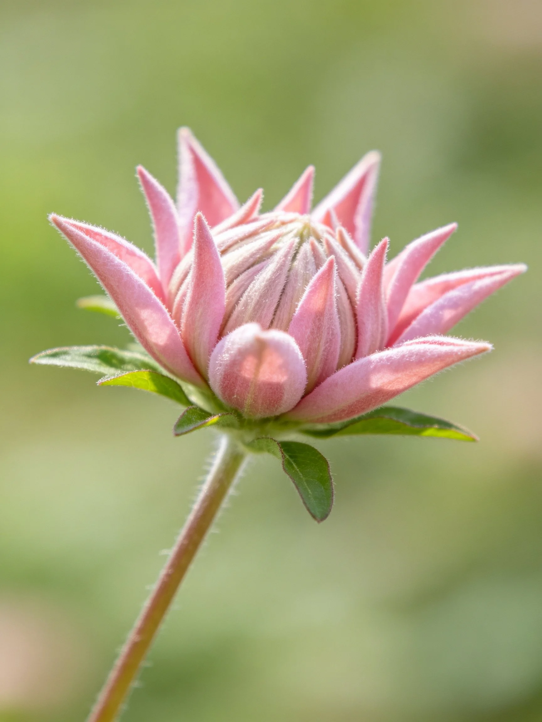 Pink flower bud with pointed petals and green foliage