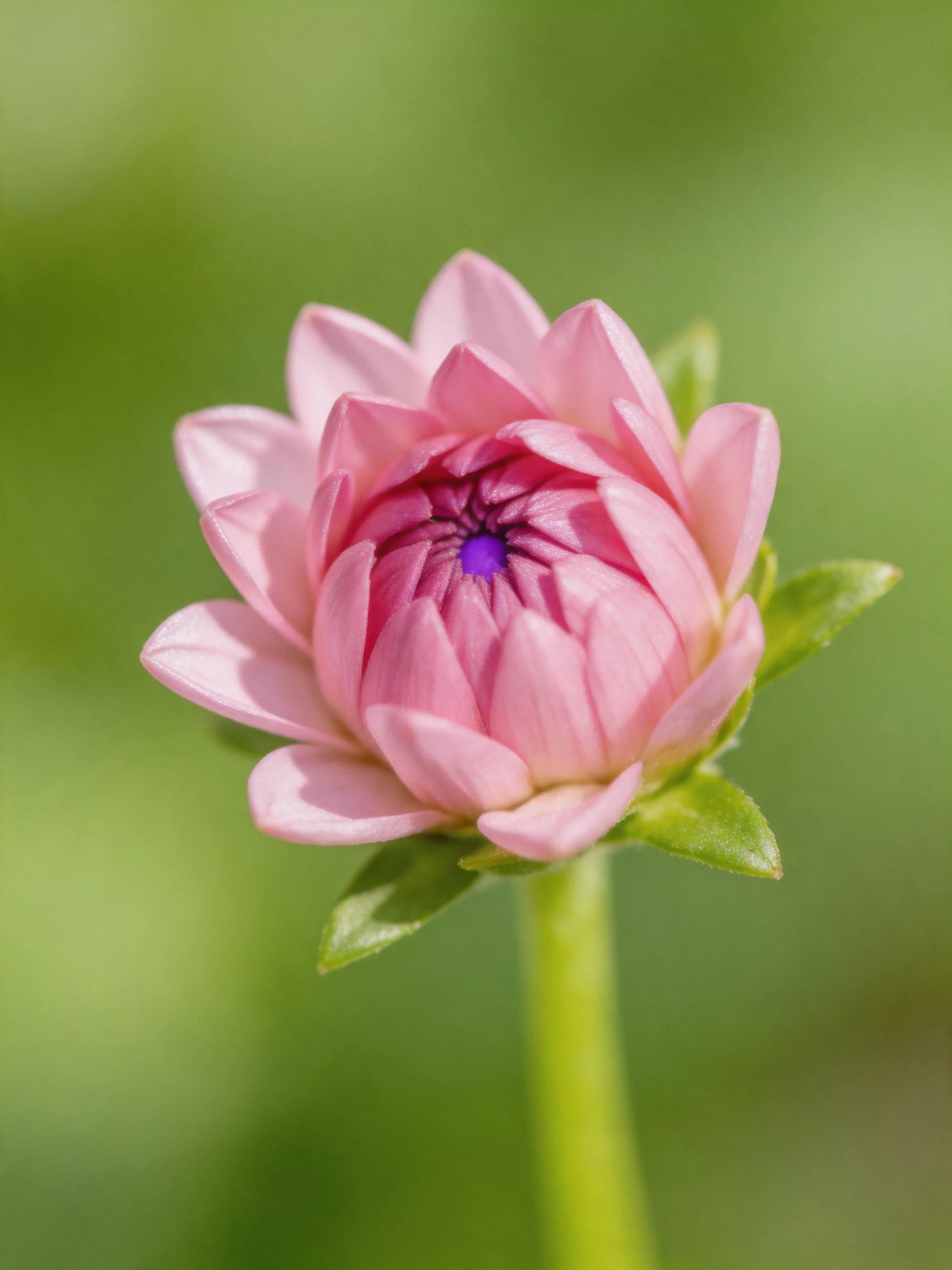 Pink flower bud with purple center and green leaves