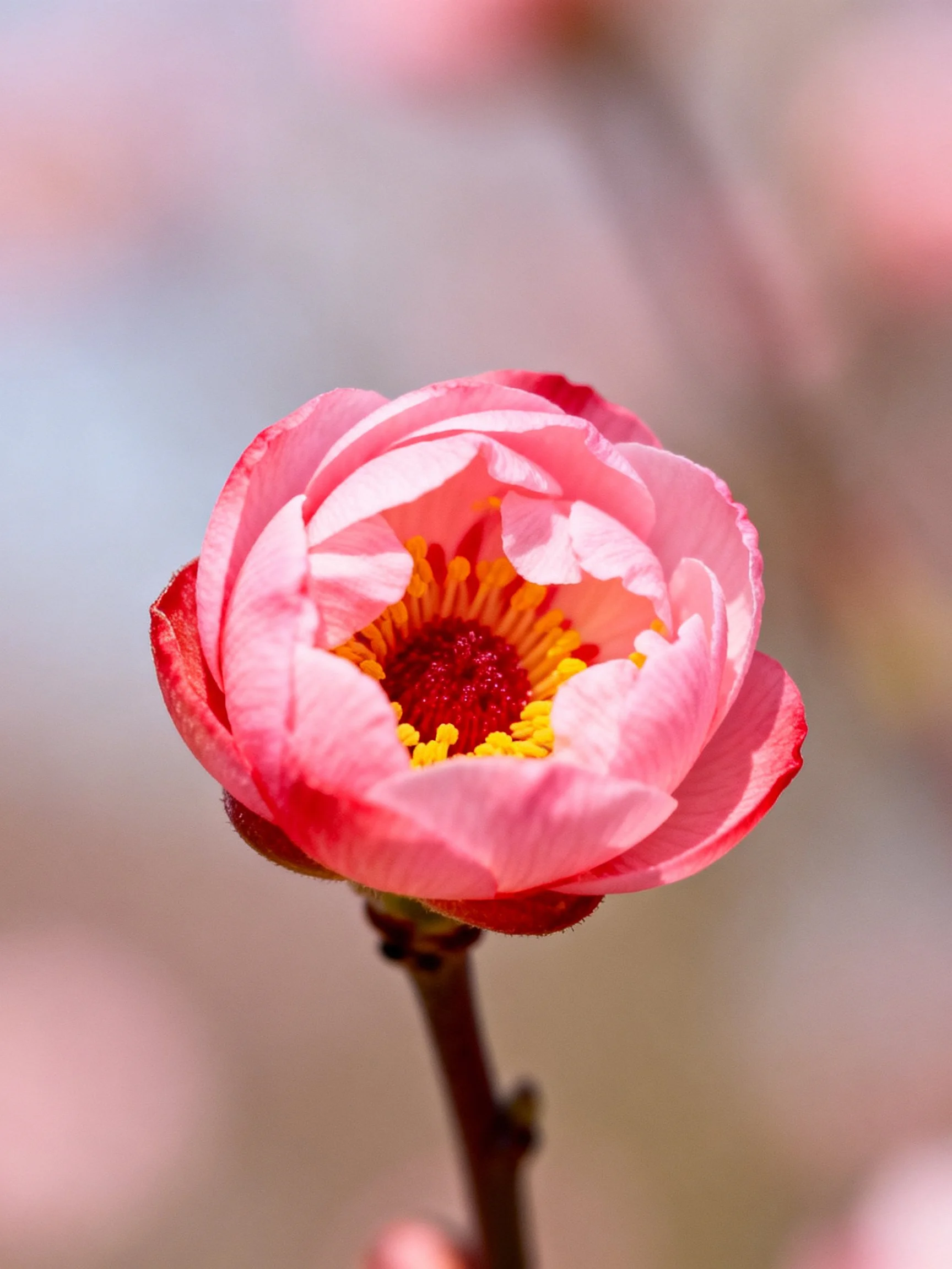 Pink flower bud with vibrant yellow center