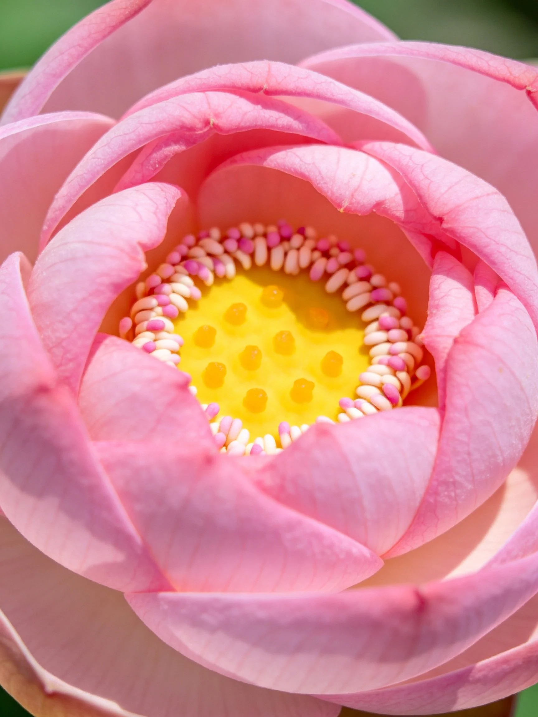 Pink flower close - up with yellow center and decorative sprinkles