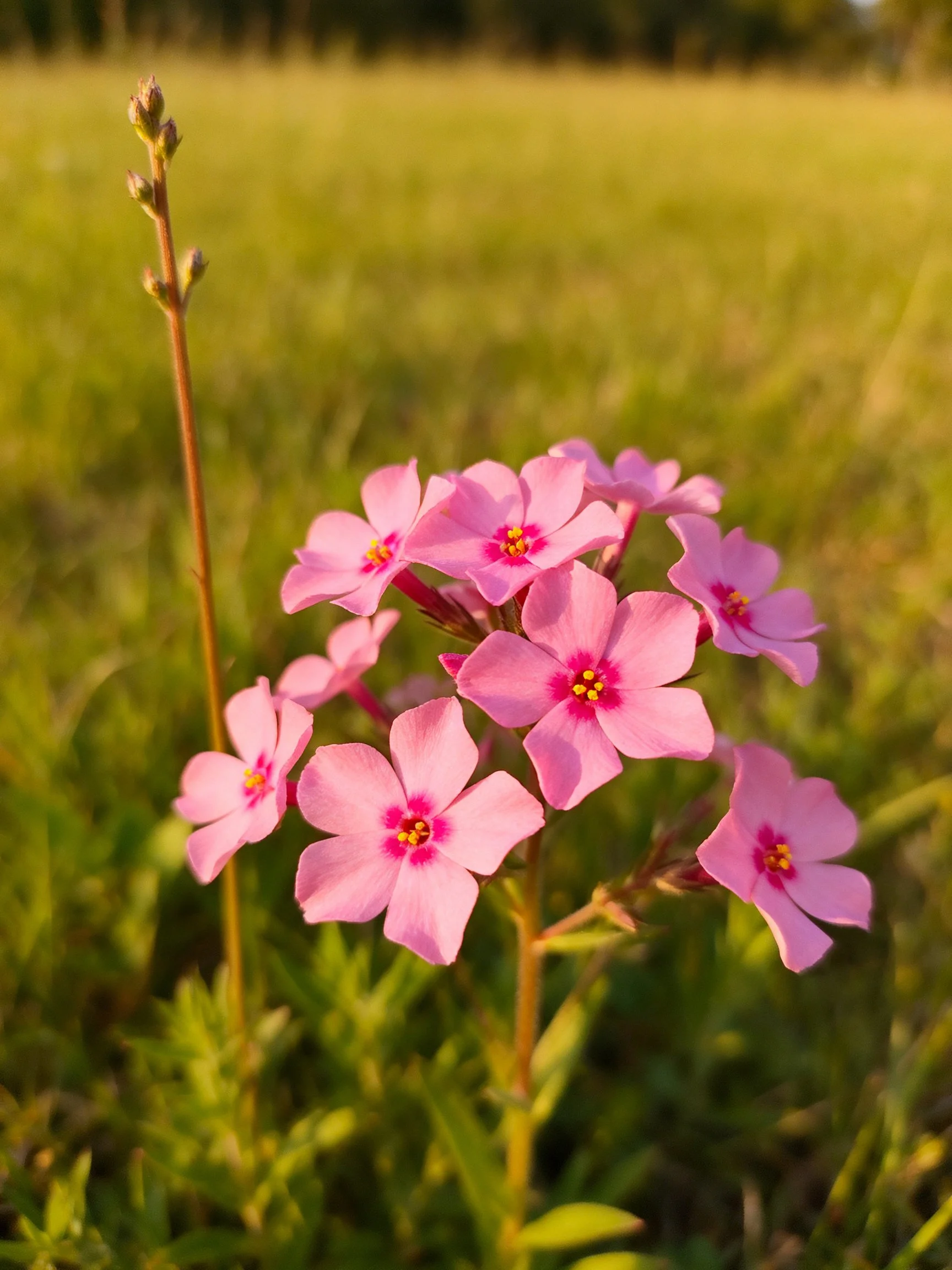 Pink flower cluster beside a tall stem in a sunlit field
