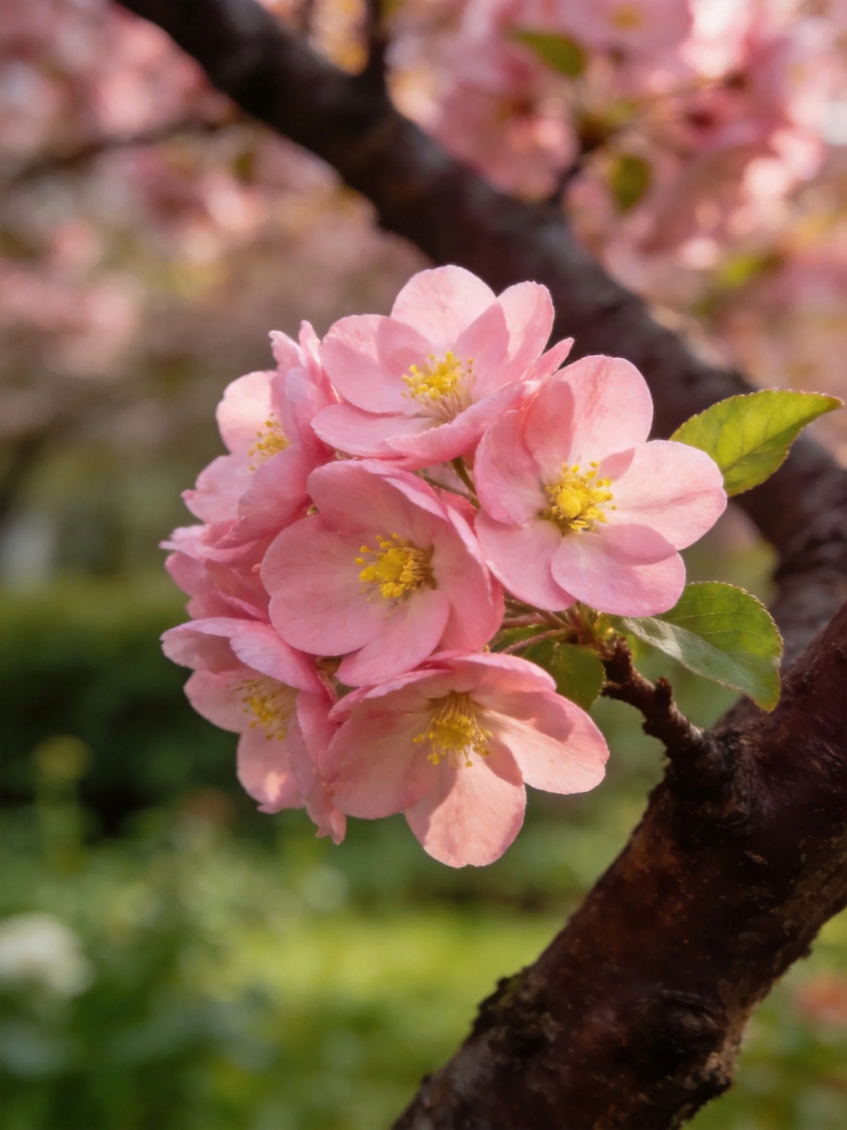 Pink flower cluster blooming on dark brown tree branch
