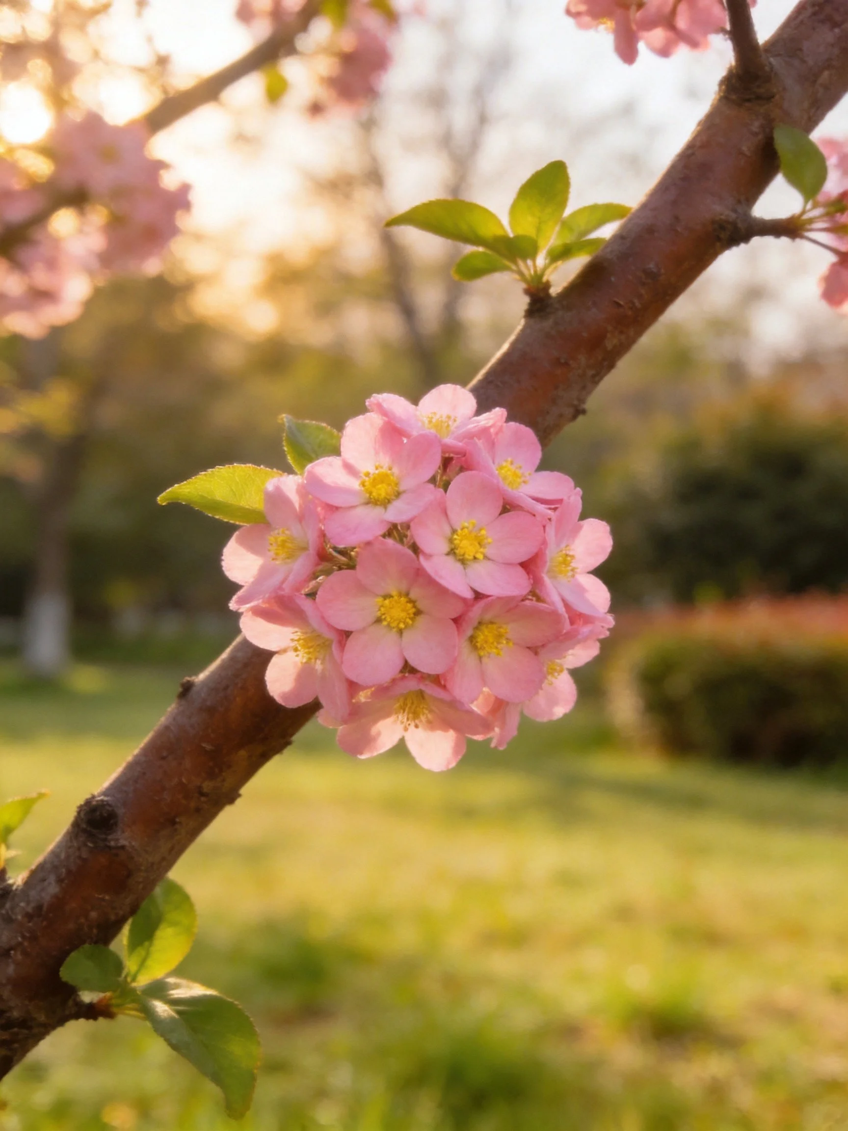 Pink flower cluster on brown tree branch with green leaves under sunlight