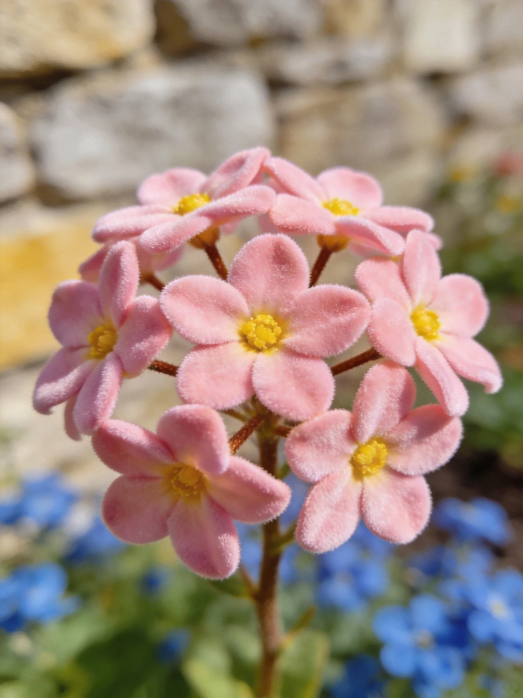 Pink flower cluster with yellow centers near stone wall