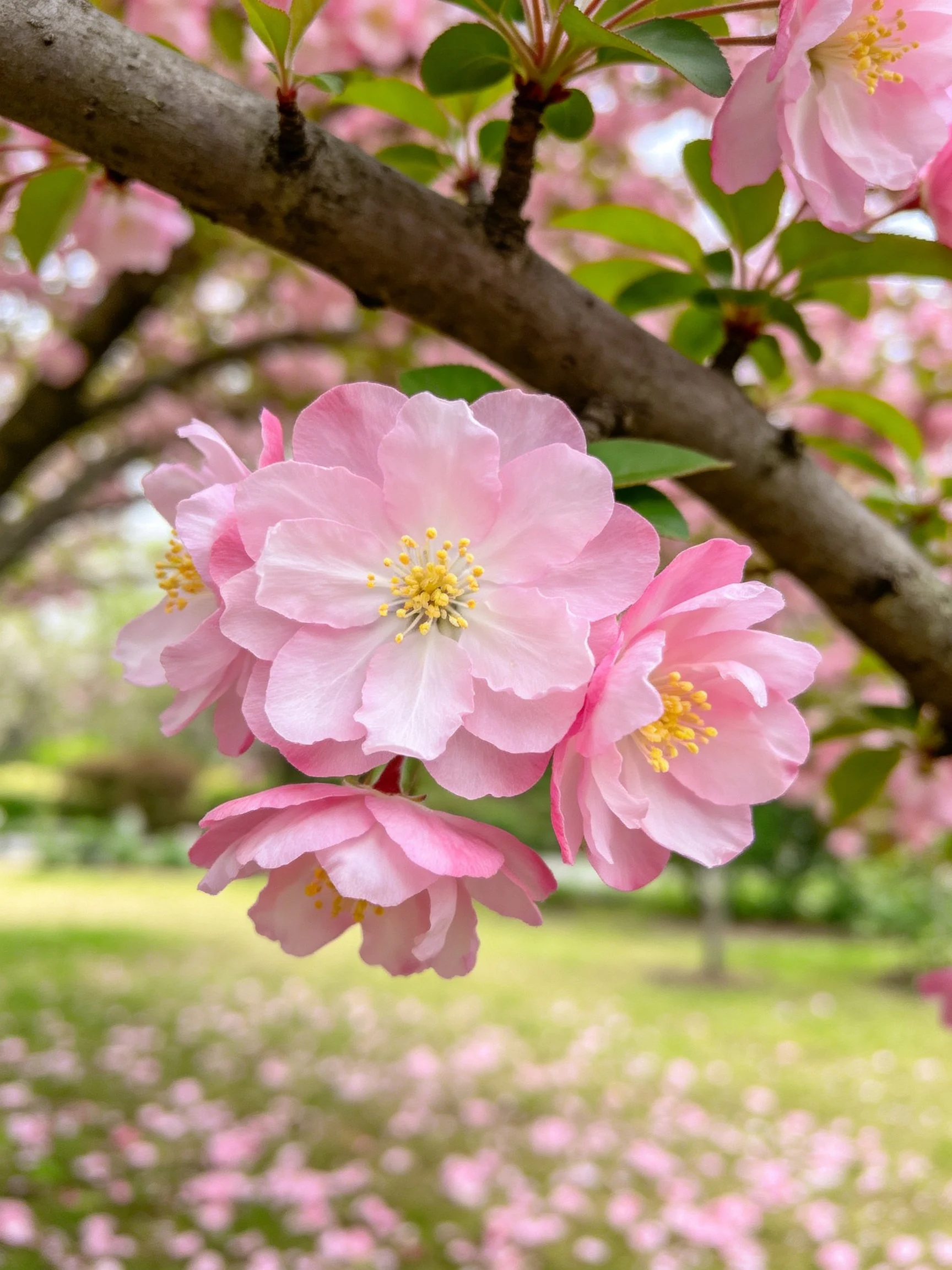 Pink flower cluster with yellow stamens on a brown tree branch