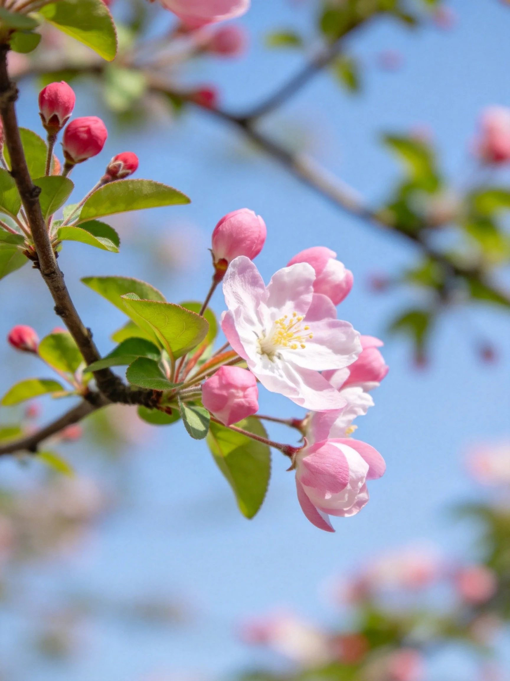 Pink flower clusters and green leaves beneath clear blue sky