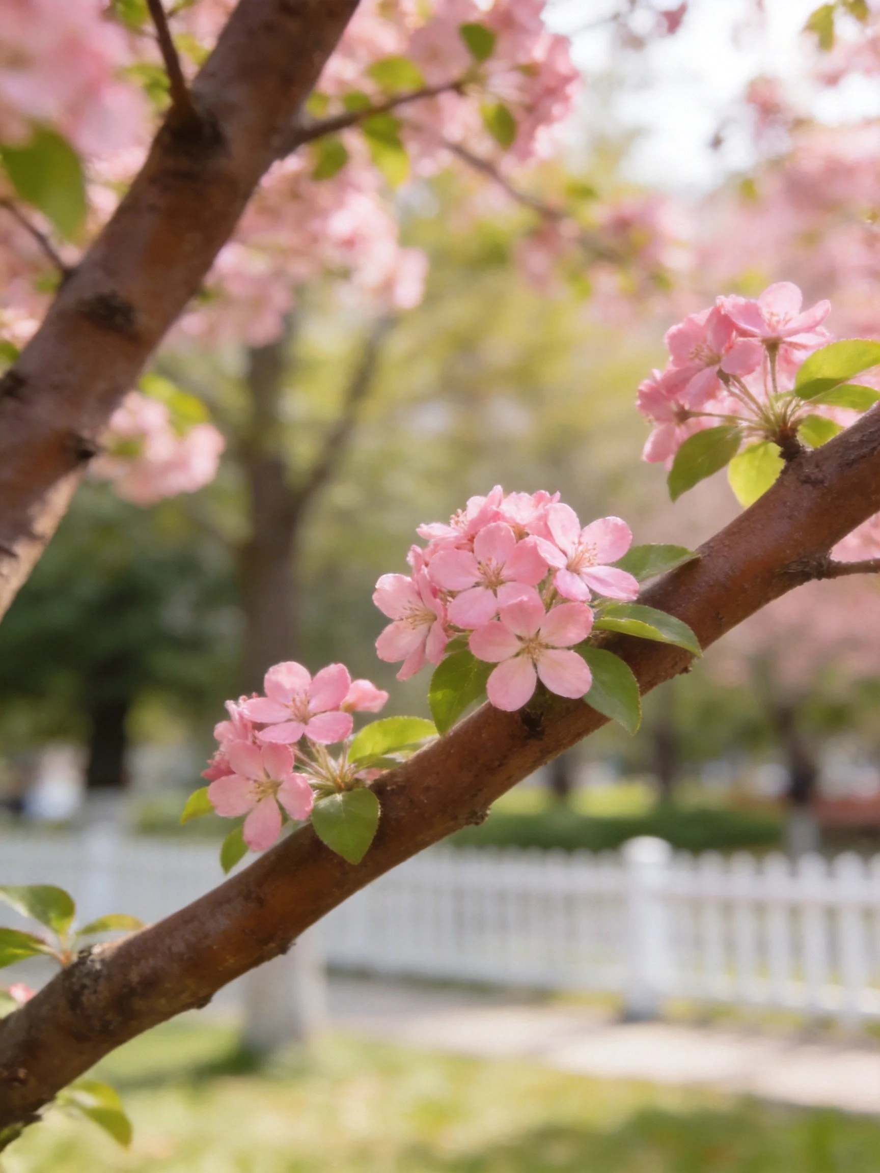 Pink flower clusters bloom on brown tree branches near white fence