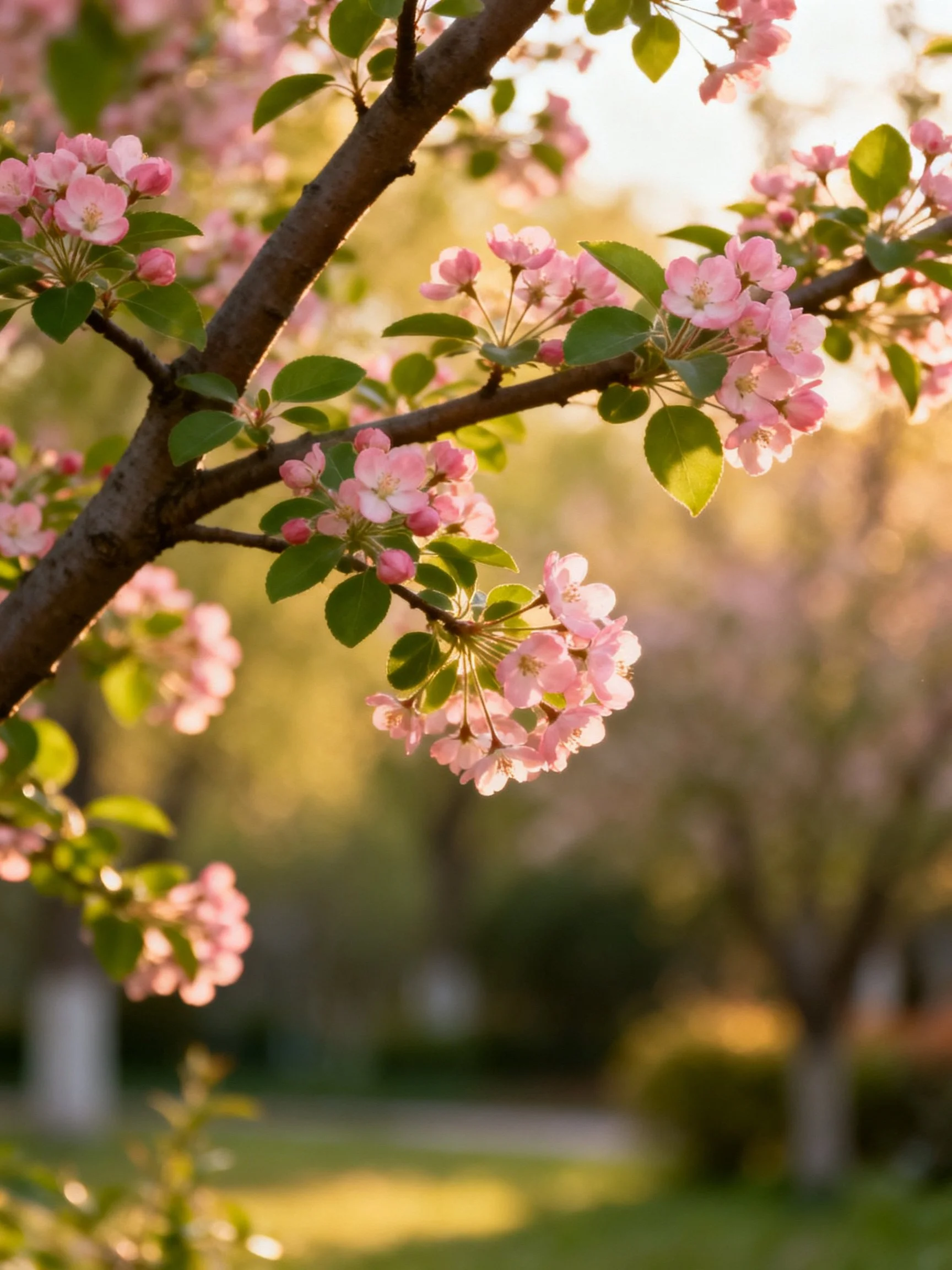 Pink flower clusters bloom on dark branches with green leaves under golden sunlight