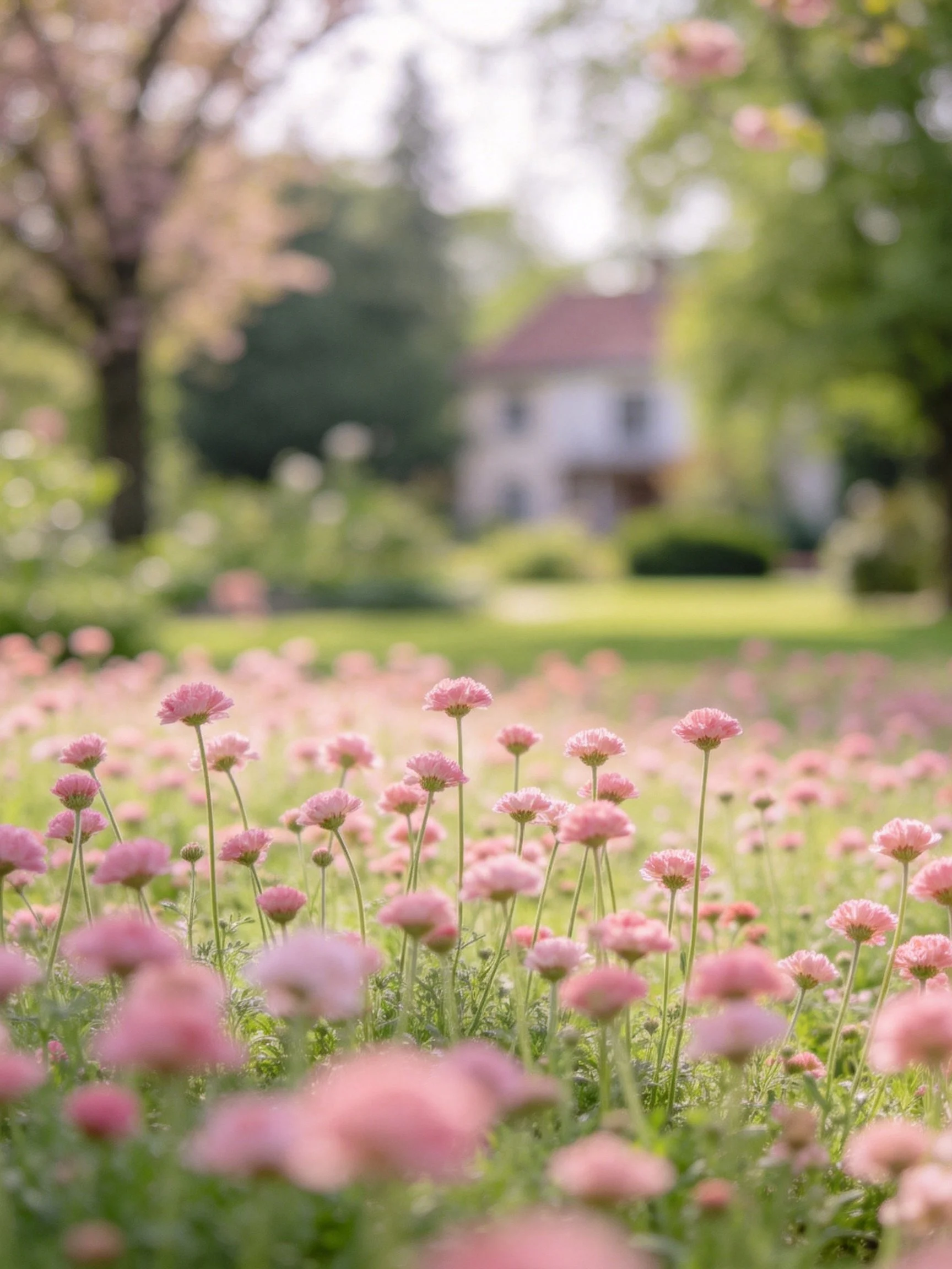 Pink flower meadow with blurred house and trees