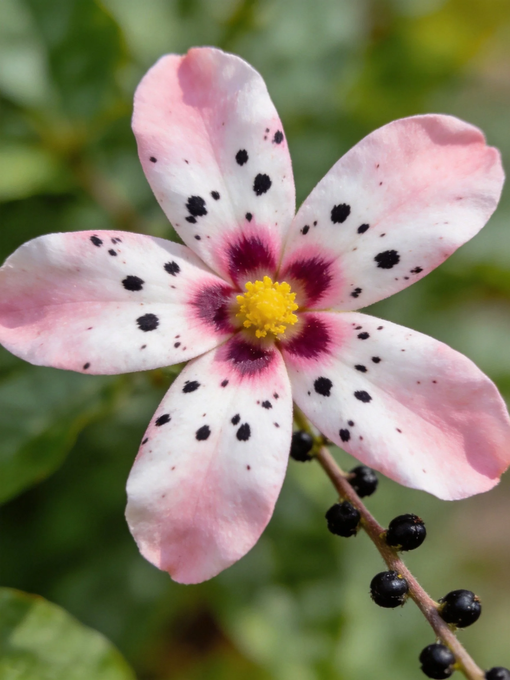 Pink flower with black spots and yellow center near dark berries