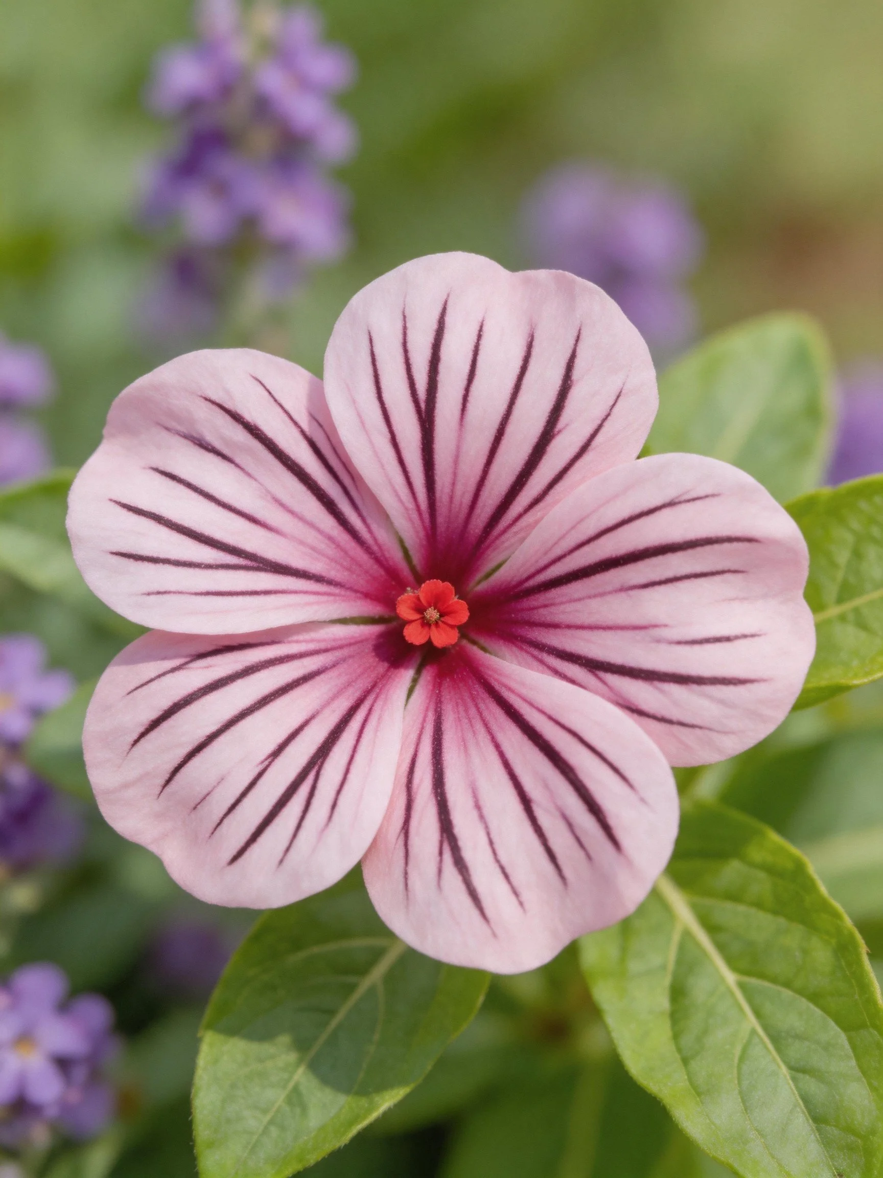 Pink flower with dark striped petals, green foliage, and purple blooms